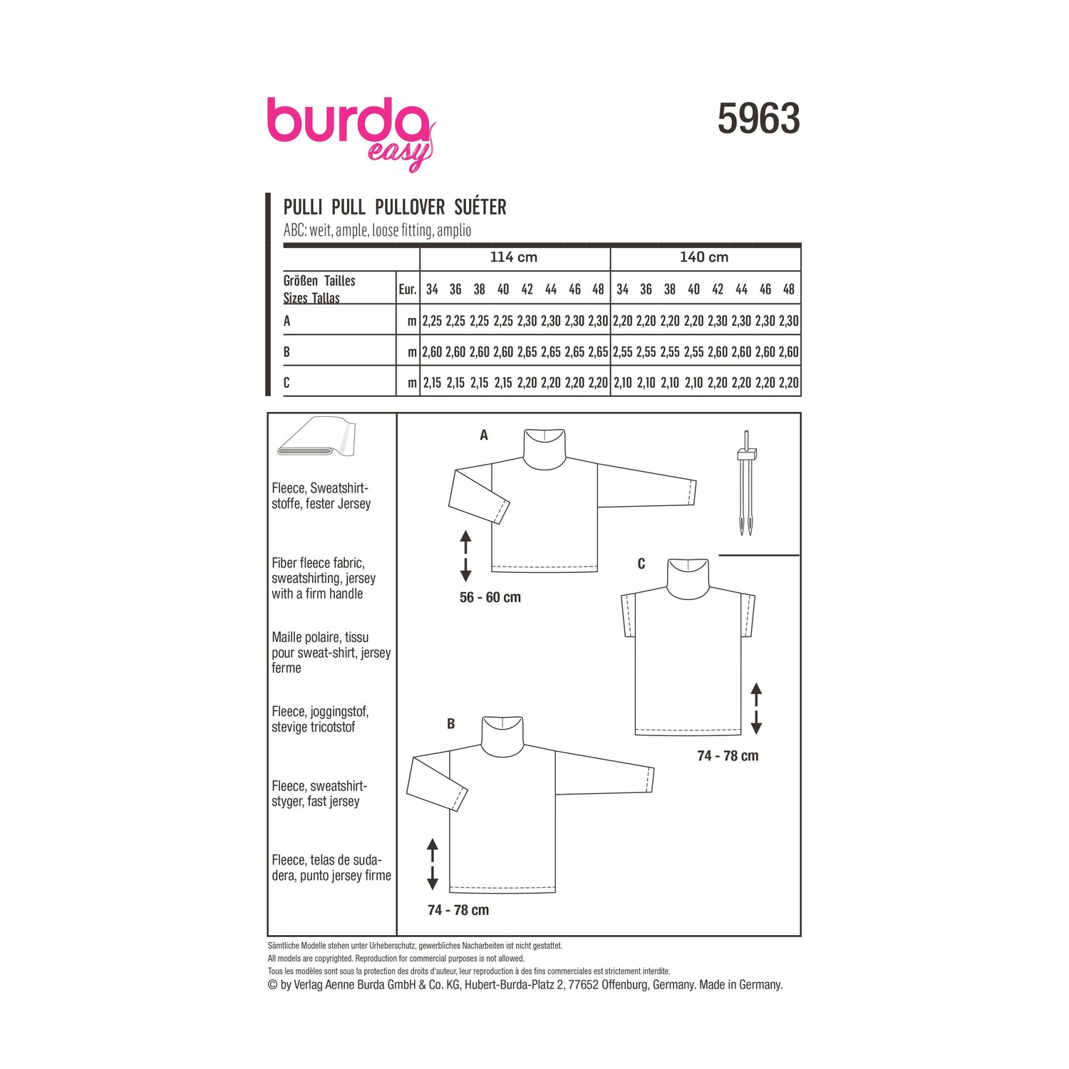 burda style Schnittmuster 5963: Rollkragenpulli in drei Varianten, Rückseite der Schnittmustertüte mit Stoffverbrauch