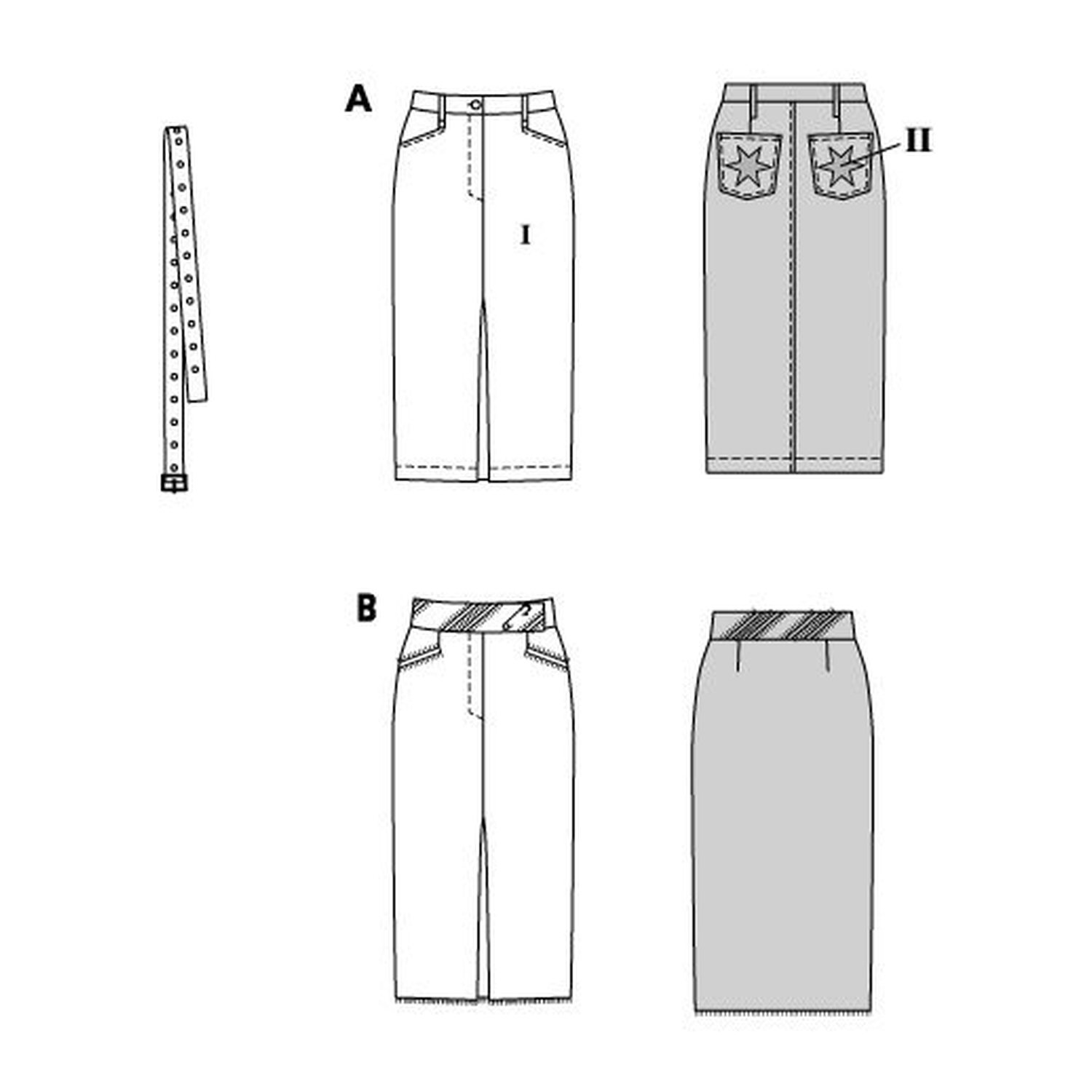burda style Schnittmuster 5715: Jeansröcke mit Schlitz, Technische Zeichnung