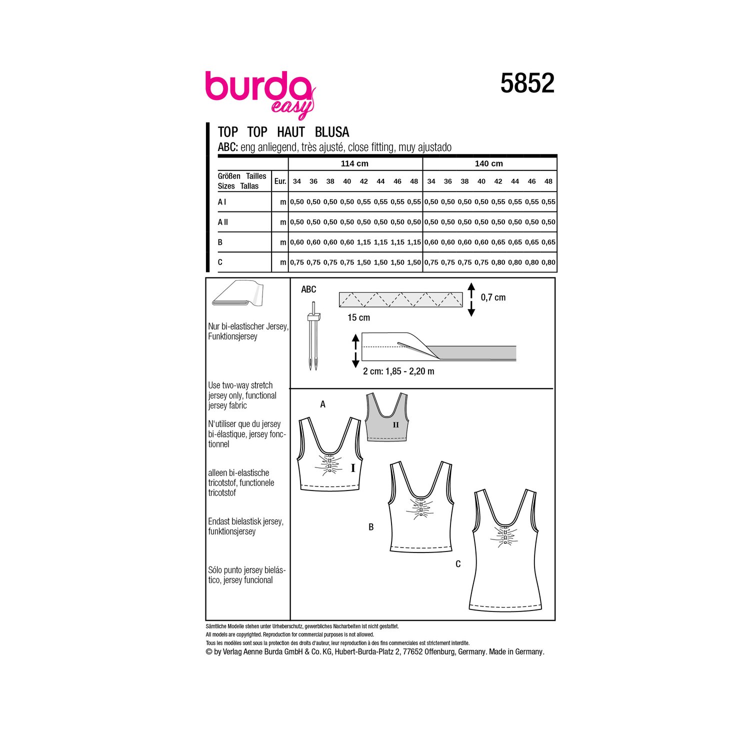 burda style Schnittmuster 5852: Sporttop mit Raffung, Rückseite der Schnittmustertüte mit Stoffverbrauch