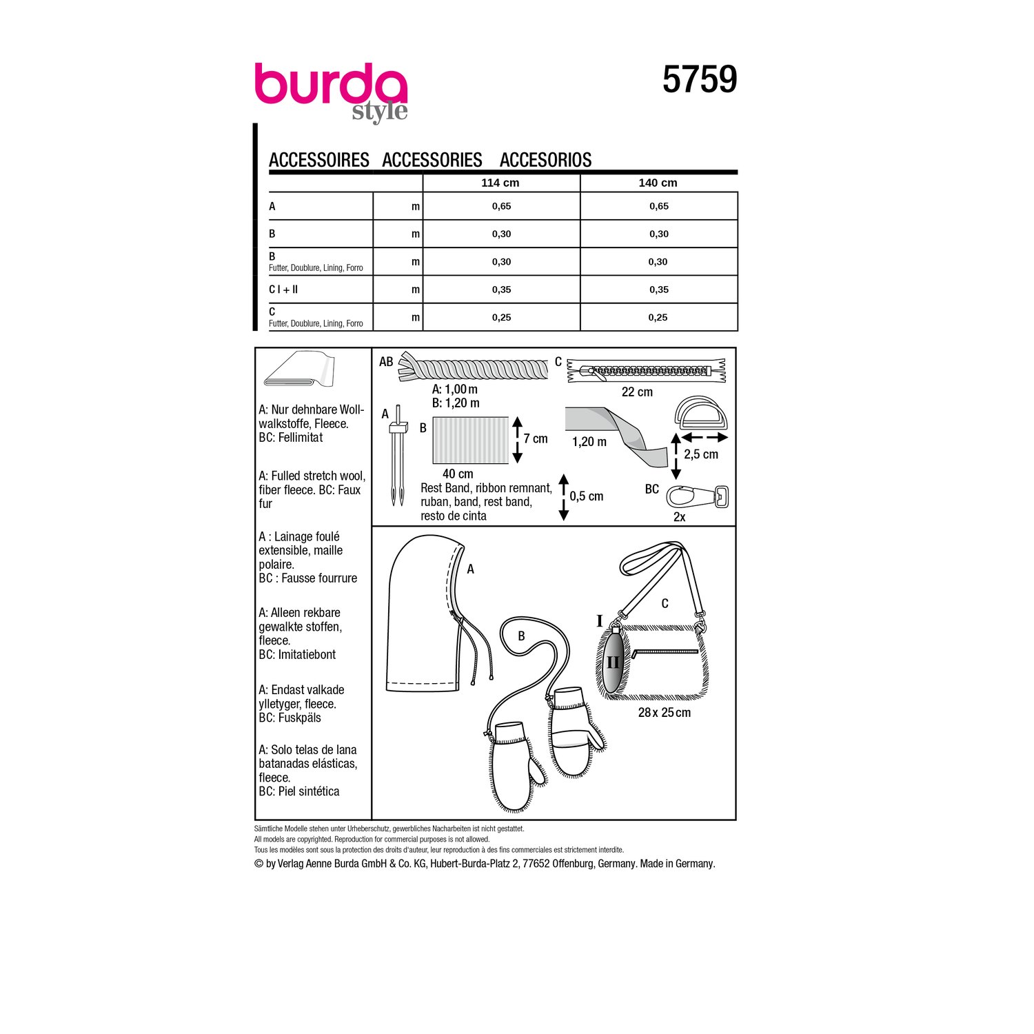 burda style Schnittmuster 5759: Balaklava, Fäustlinge und Muff, Rückseite der Schnittmustertüte mit Stoffverbrauch
