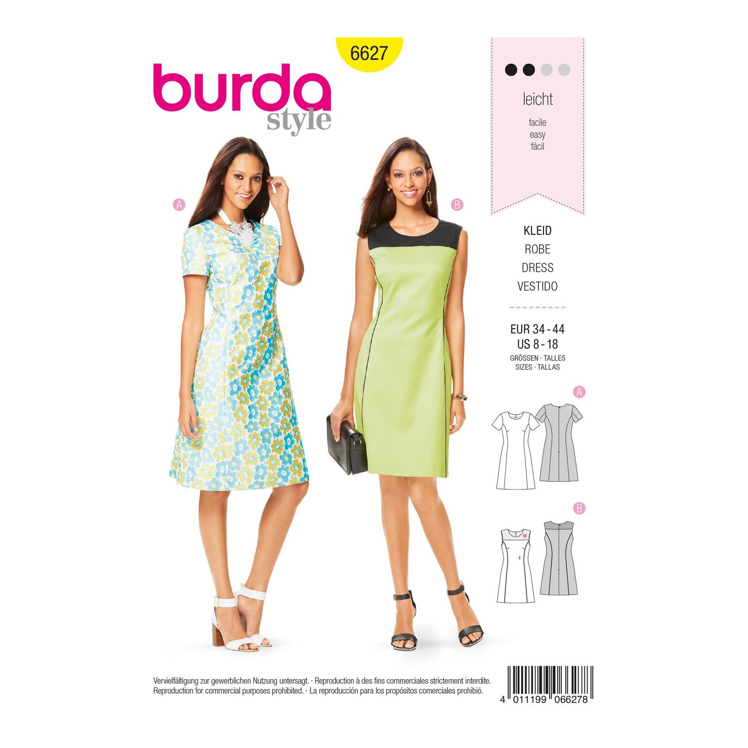 burda style Schnittmuster 6627: Kleid mit Teilungsnähten und Passe, Vorderseite der Schnittmustertüte