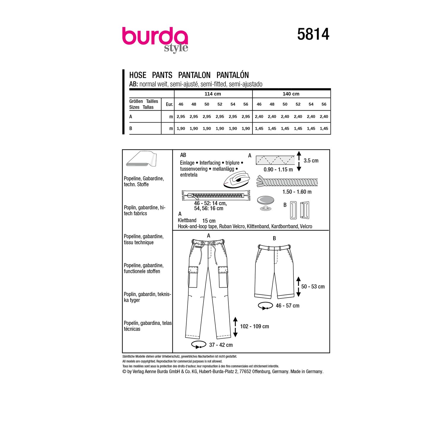 burda style Schnittmuster 5814: Hose mit Kniefalten und Bermudas, Rückseite der Schnittmustertüte mit Stoffverbrauch