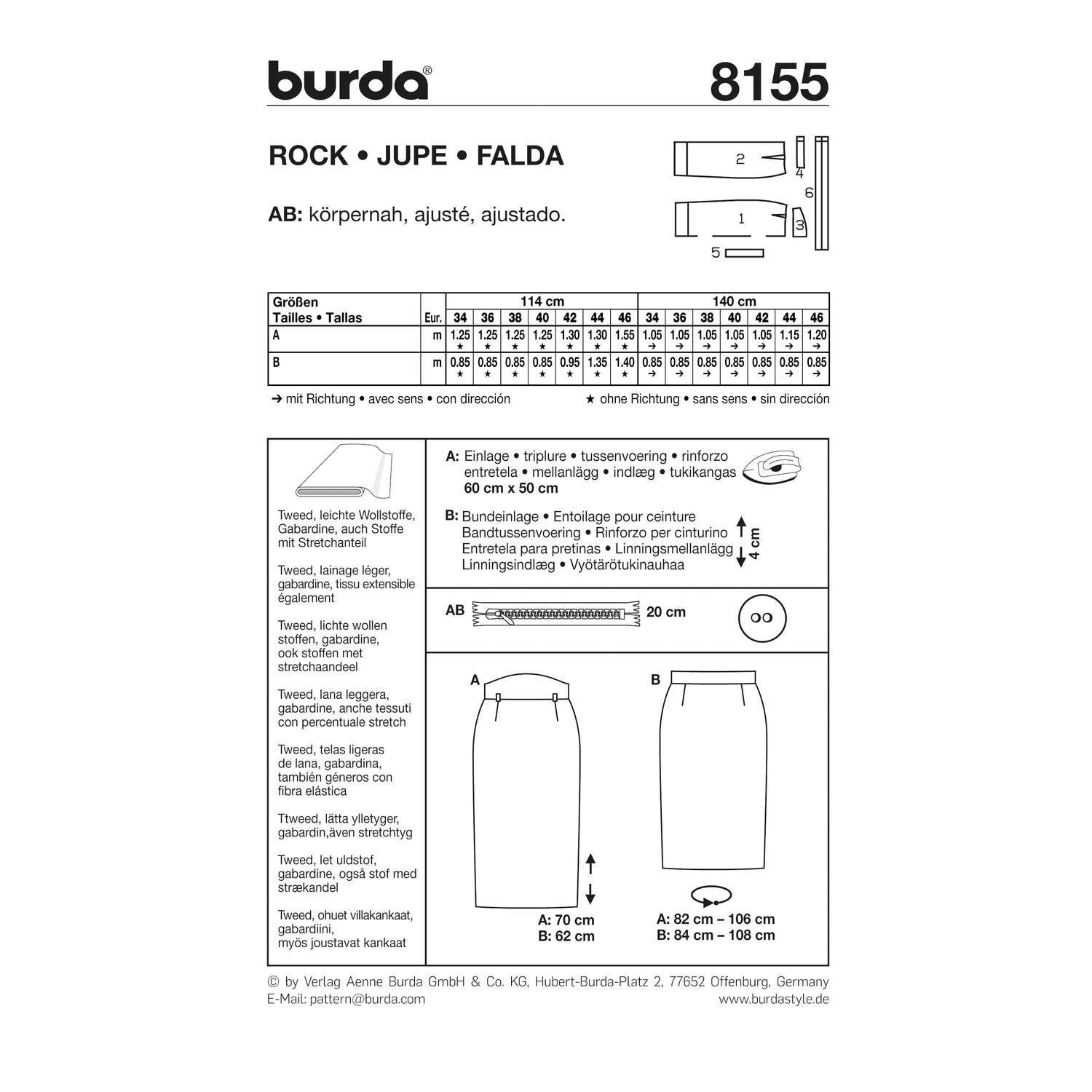 burda style Schnittmuster 8155: Klassischer Bleistiftrock, Rückseite der Schnittmustertüte mit Stoffverbrauch