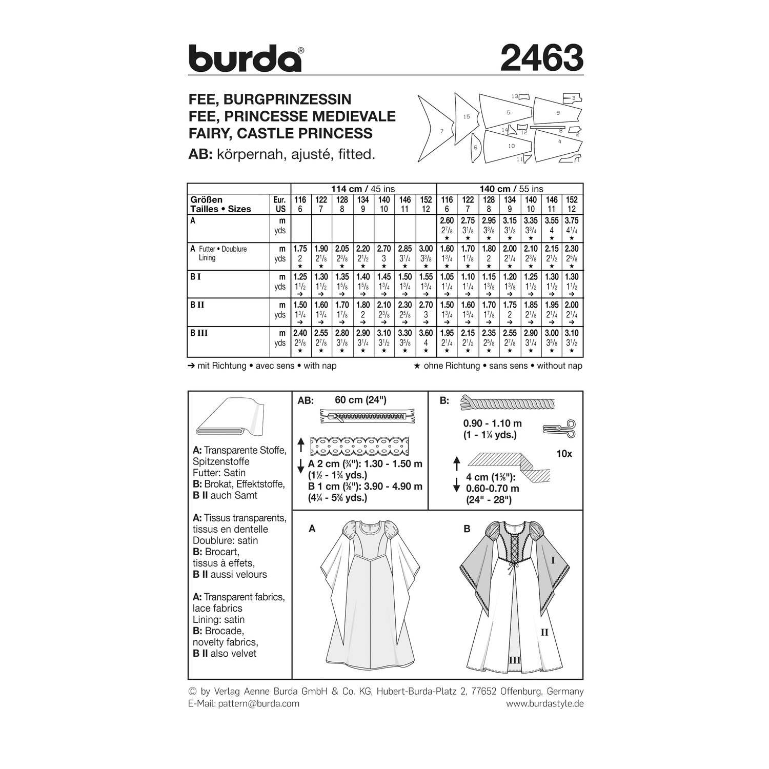 burda style Schnittmuster 2463: Kleider für Fee und Burgfräulein, Rückseite der Schnittmustertüte mit Stoffverbrauch