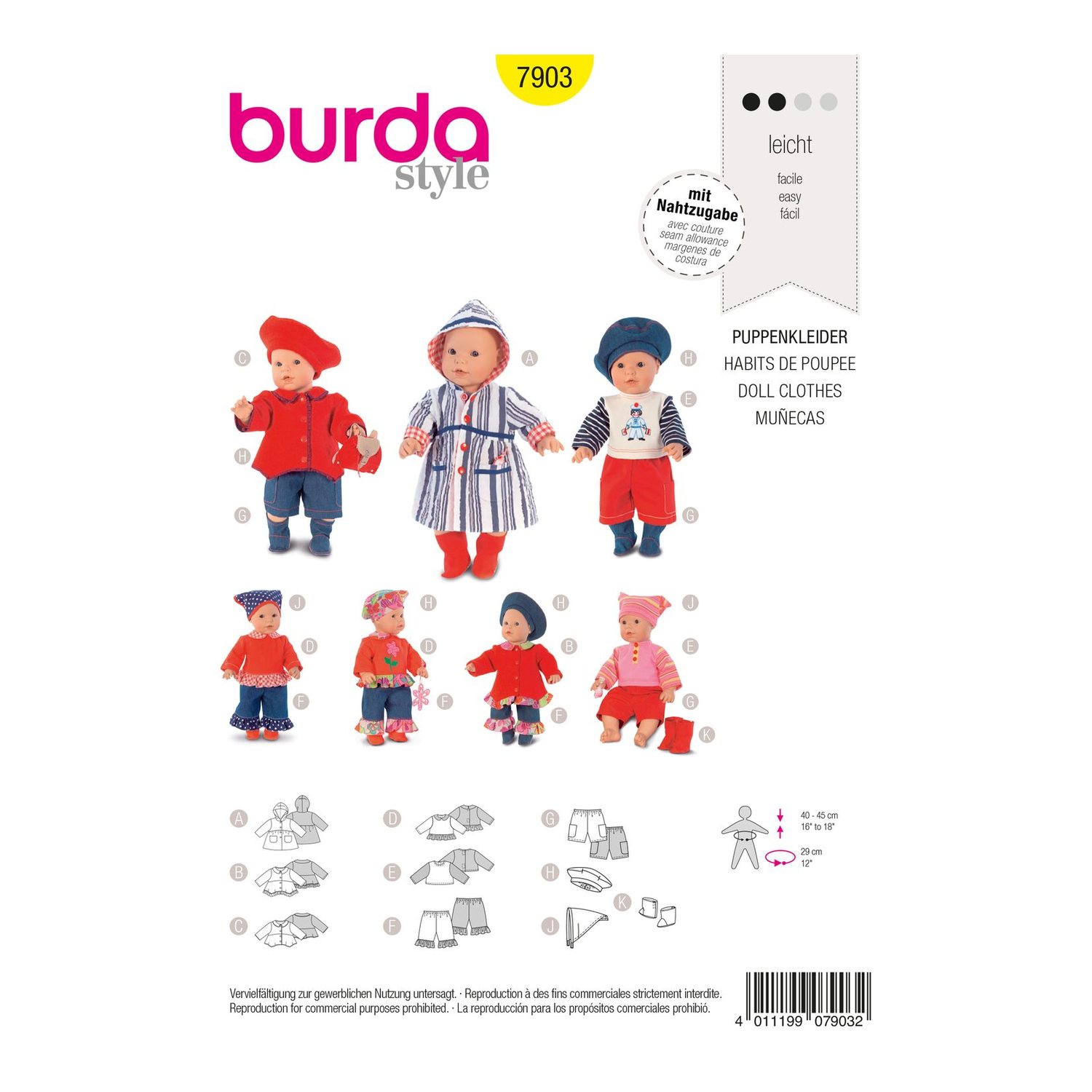 burda style Schnittmuster 7903: Puppengarderobe mit Stiefeln, Vorderseite der Schnittmustertüte