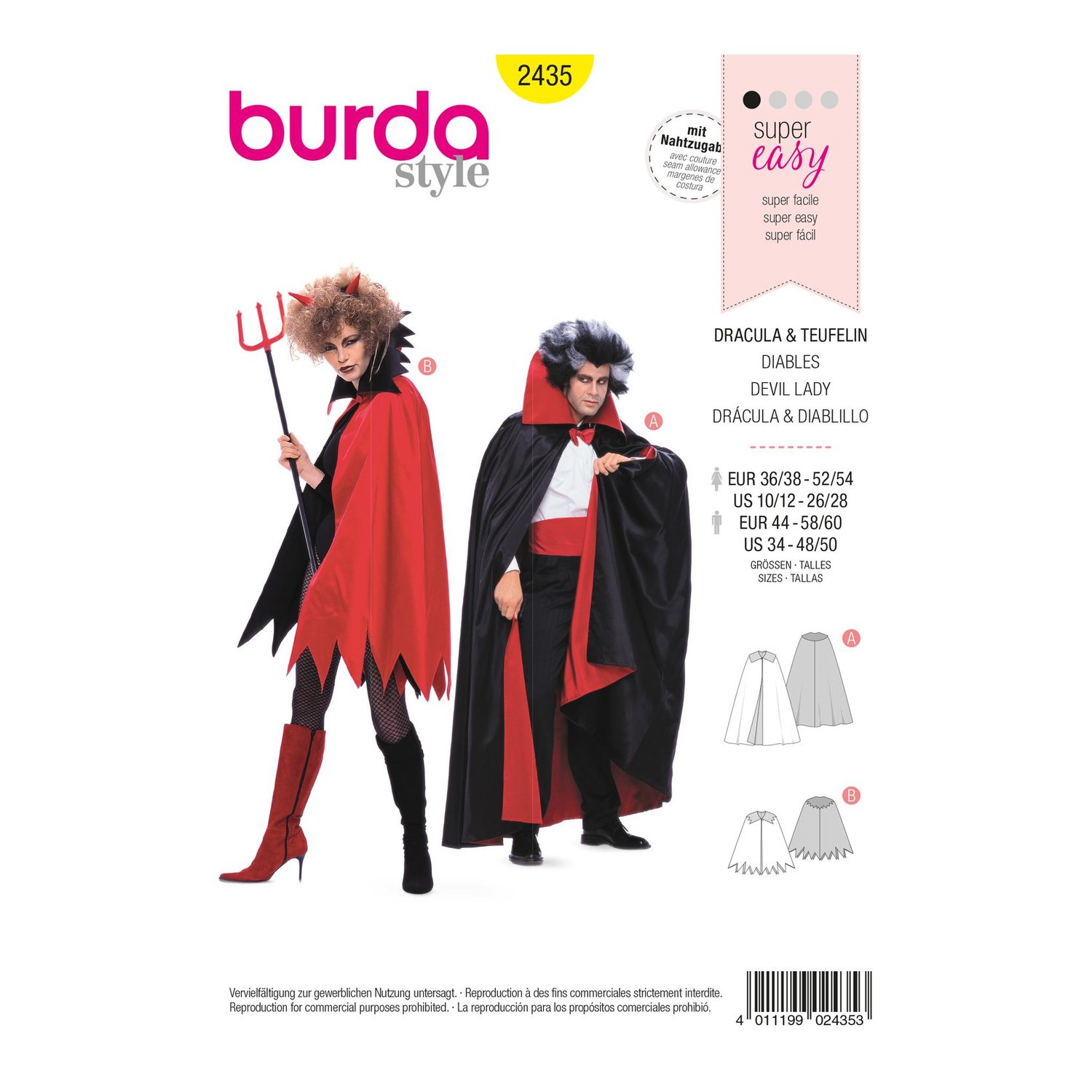 burda style Schnittmuster 2435: Capes für Dracula und Teufelin, Vorderseite der Schnittmustertüte