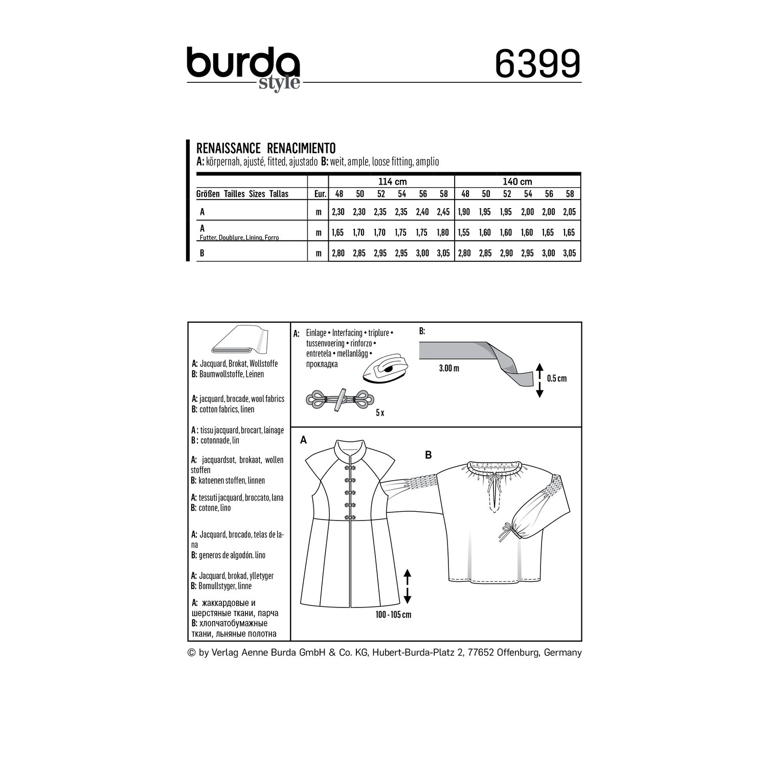 burda style Schnittmuster 6399: Renaissance-Wams und Hemd für Herren, Rückseite der Schnittmustertüte mit Stoffverbrauch