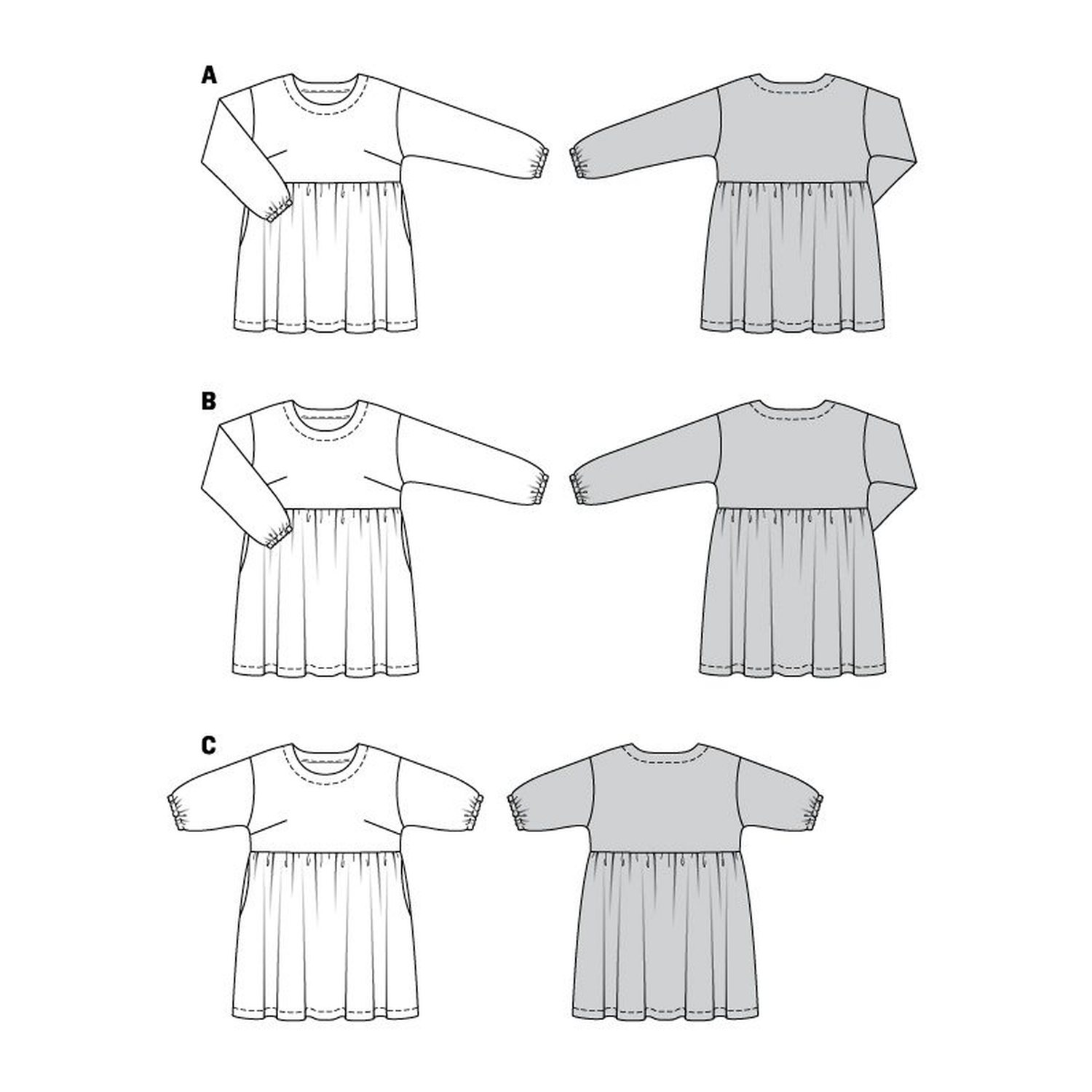 burda style Schnittmuster 6055: Hängerkleid mit eingereihtem Rock, Technische Zeichnung
