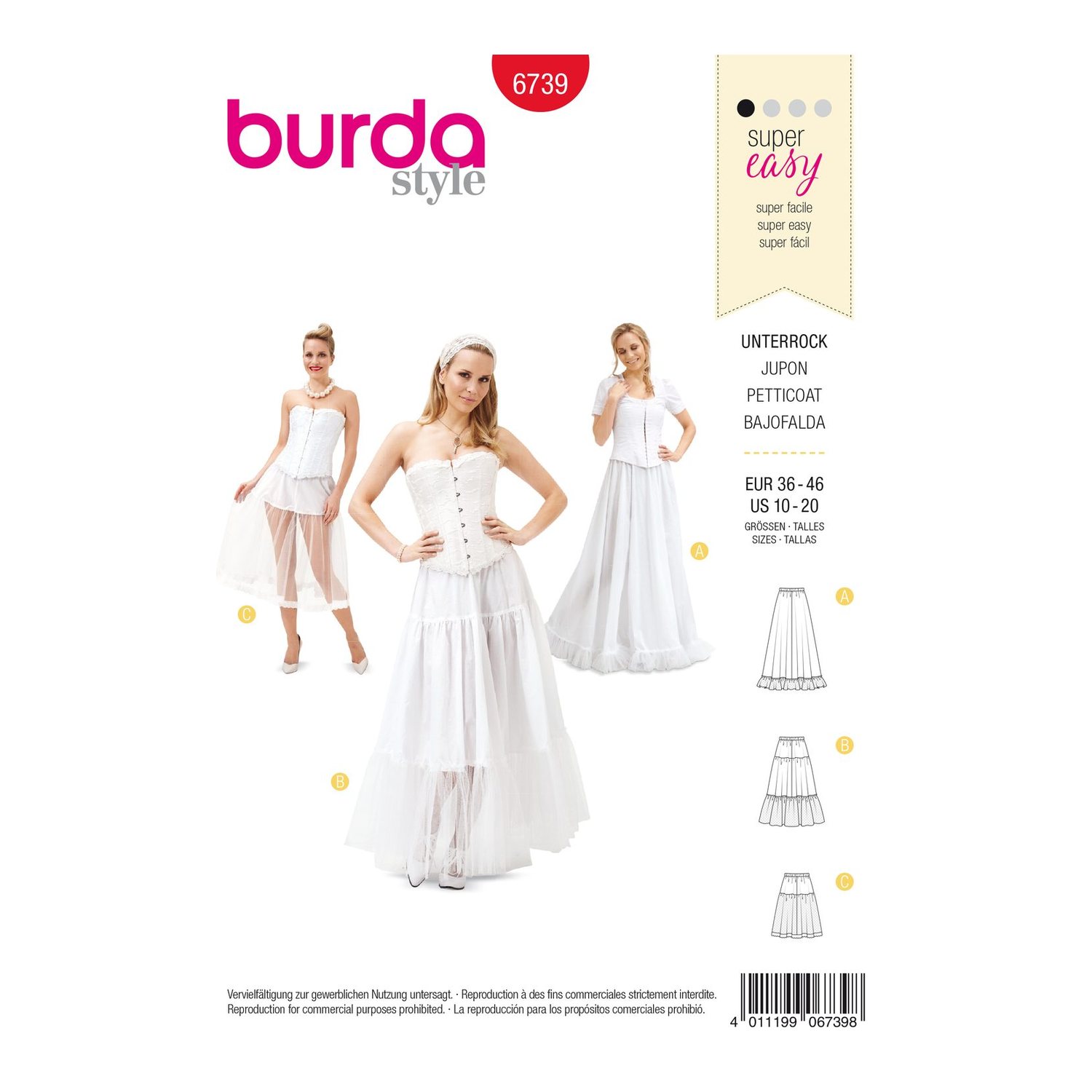 burda style Schnittmuster 6739: Unterrock mit Tüllrüsche, Vorderseite der Schnittmustertüte