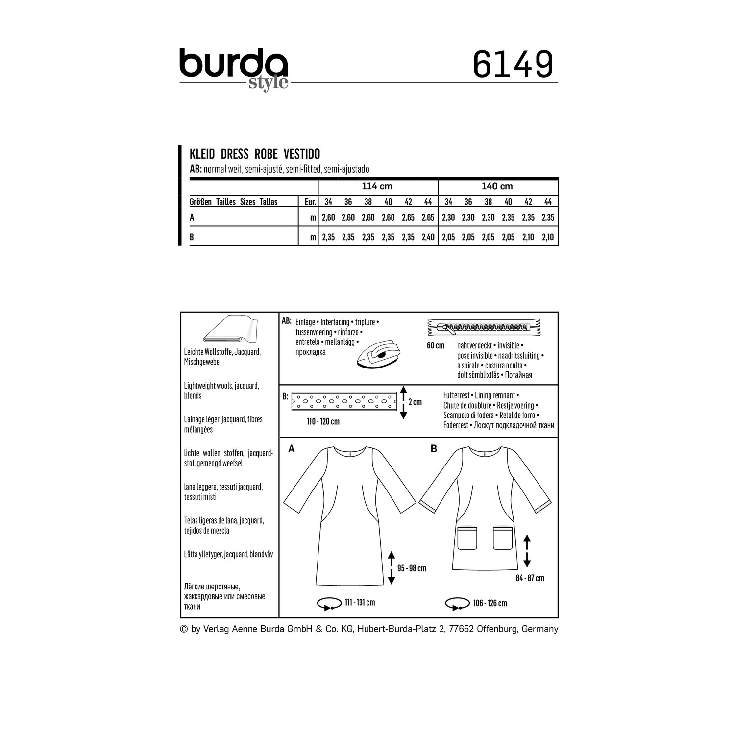 burda style Schnittmuster 6149: Kleid mit halsfernem Ausschnitt, Rückseite der Schnittmustertüte mit Stoffverbrauch