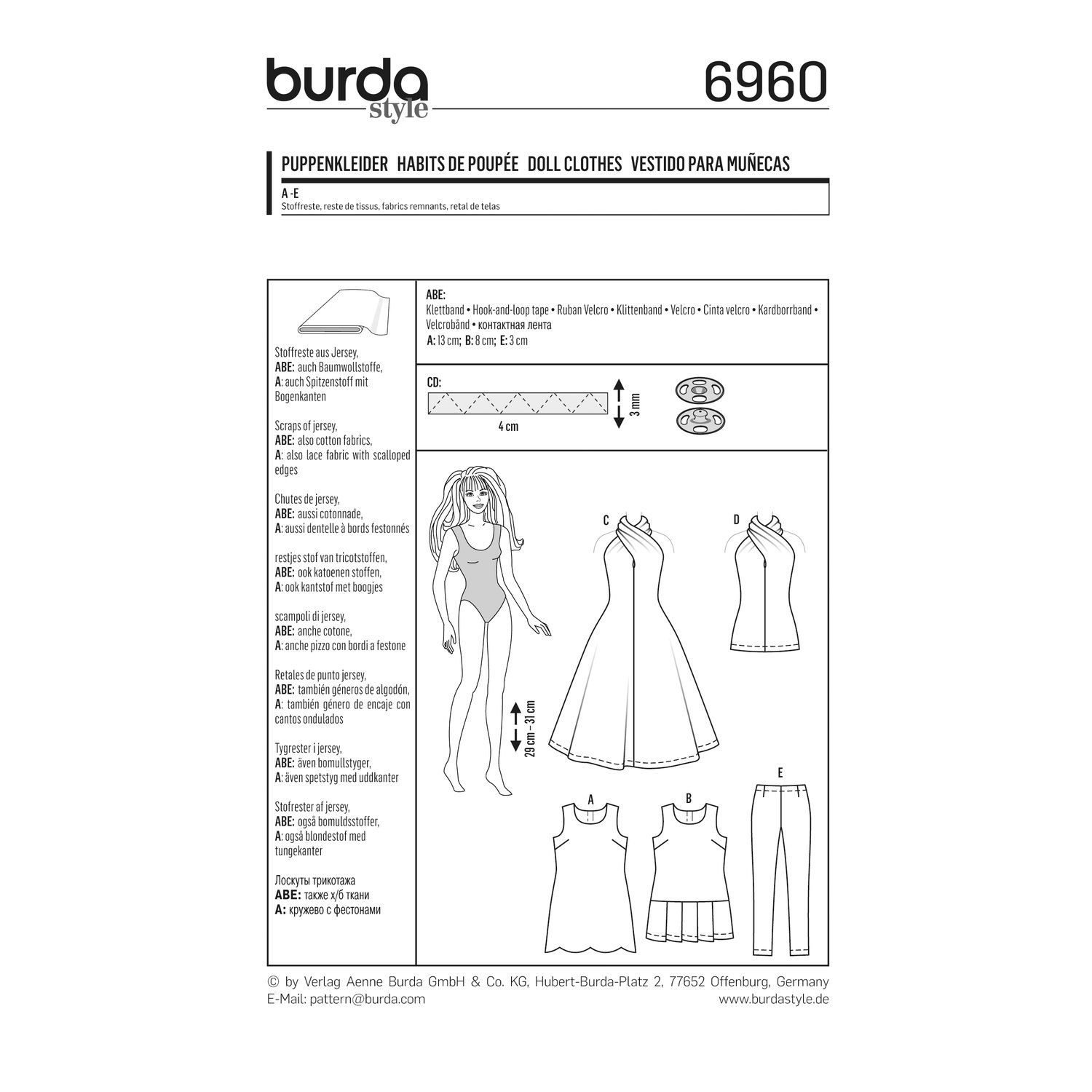 burda style Schnittmuster 6960: Puppenkleider und Puppenhose, Rückseite der Schnittmustertüte mit Stoffverbrauch