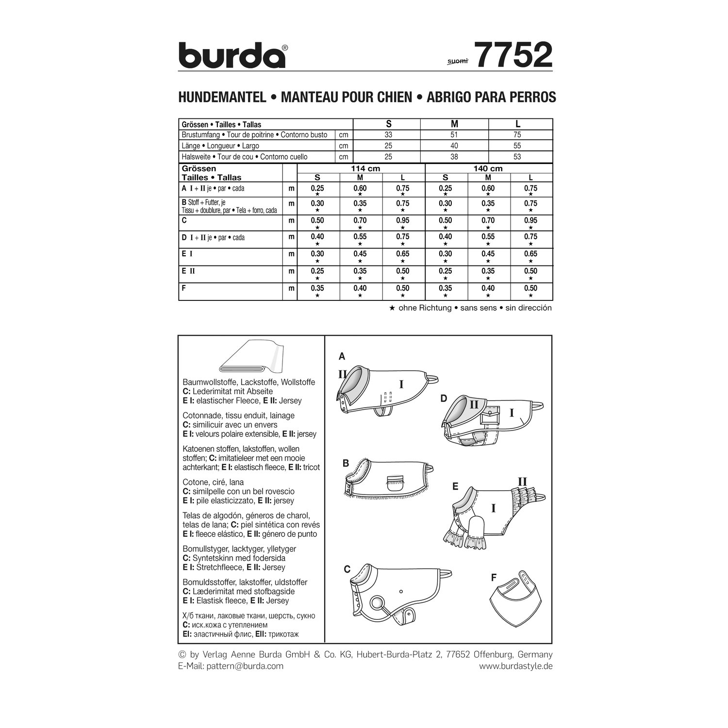 burda style Schnittmuster 7752: Hundemantel in fünf Varianten, Rückseite der Schnittmustertüte mit Stoffverbrauch