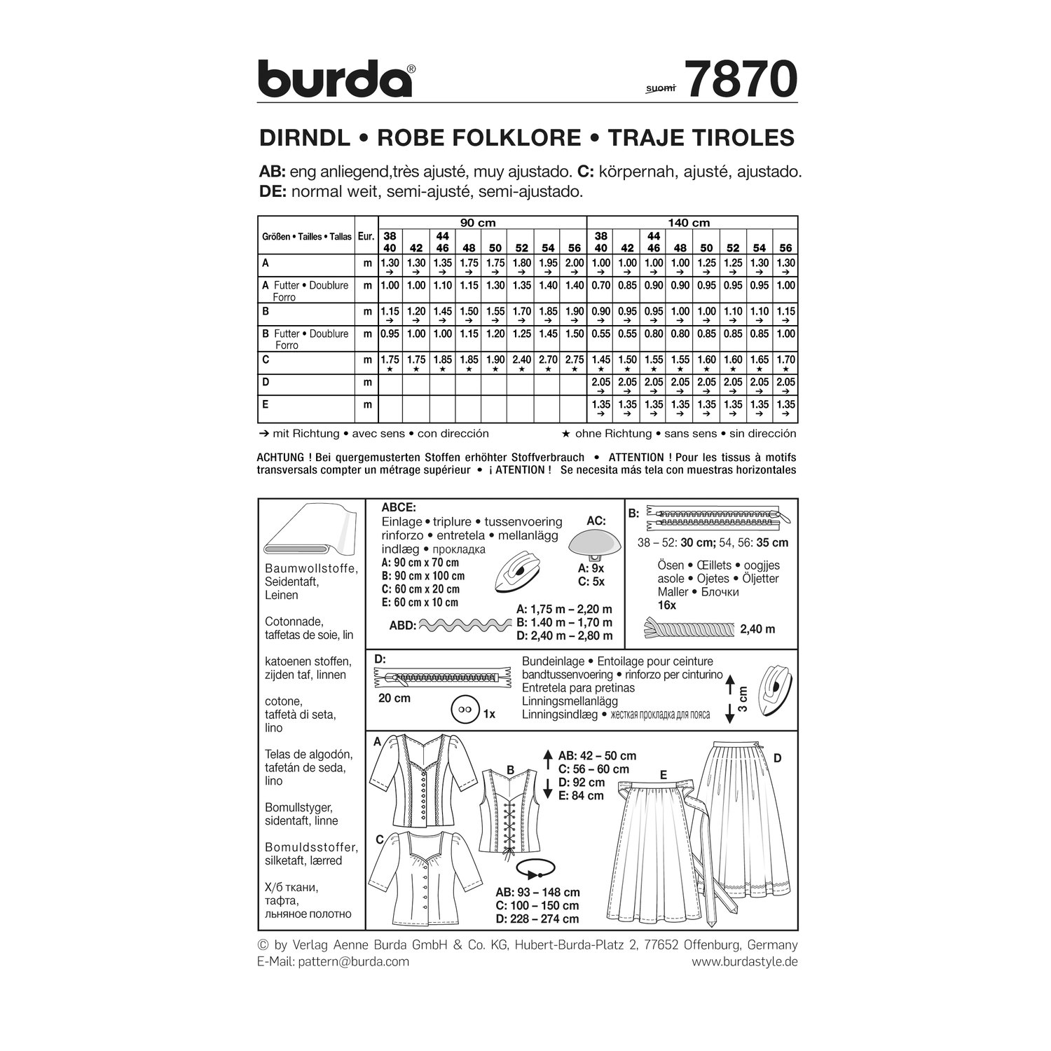 burda style Schnittmuster 7870: Dirndl mit Mieder und Bluse, Rückseite der Schnittmustertüte mit Stoffverbrauch