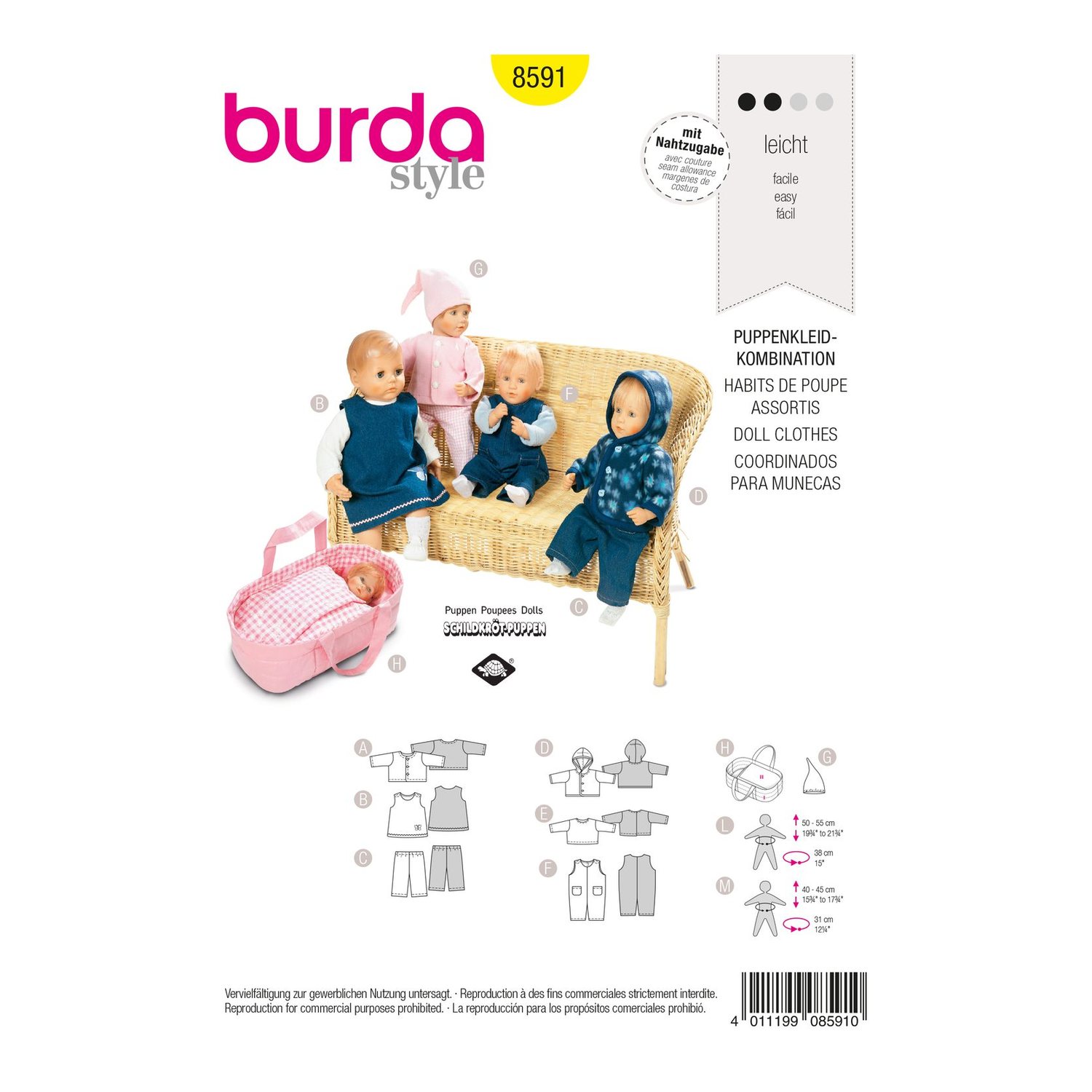 burda style Schnittmuster 8591: Puppenkleidung mit Tragetasche, Vorderseite der Schnittmustertüte