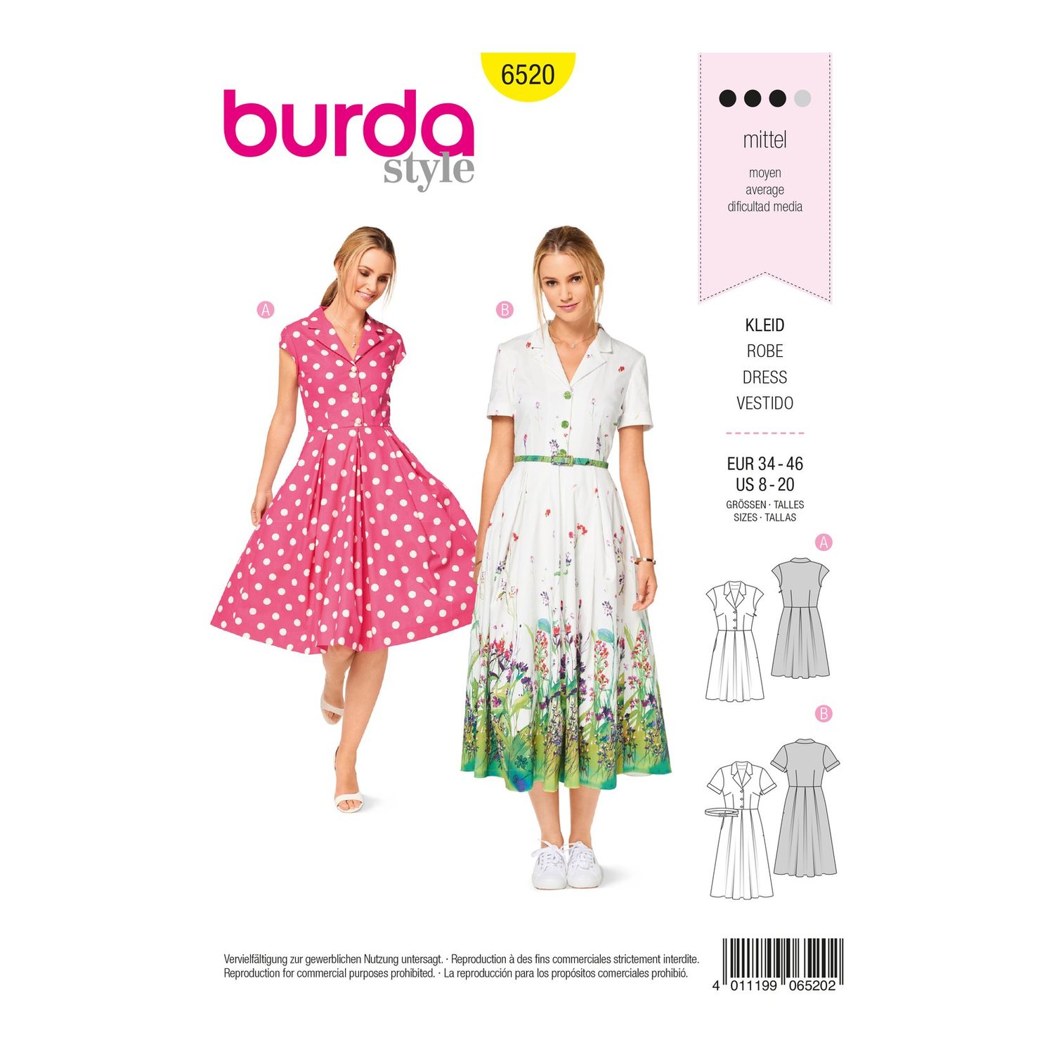 burda style Schnittmuster 6520: Hemdblusenkleid mit weitem Rock, Vorderseite der Schnittmustertüte