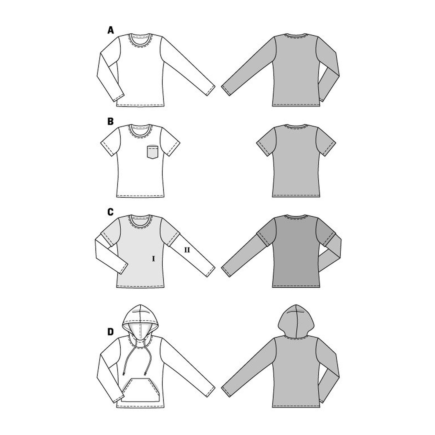 burda style Schnittmuster 6602: Basic-Shirt für Damen und Herren, Technische Zeichnung
