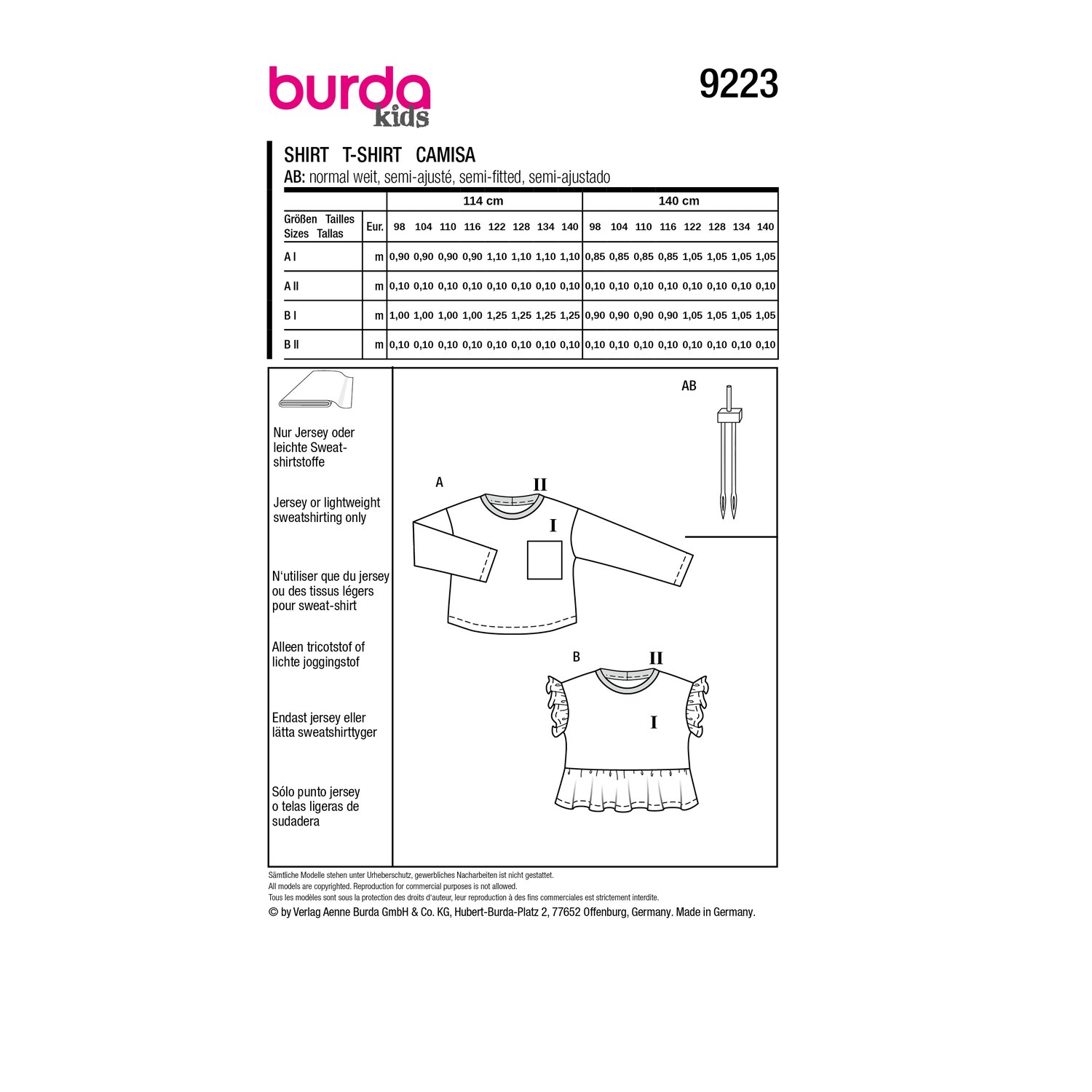 burda style Schnittmuster 9223: Unisex-Sweatshirt mit XL-Tasche, Rückseite der Schnittmustertüte mit Stoffverbrauch