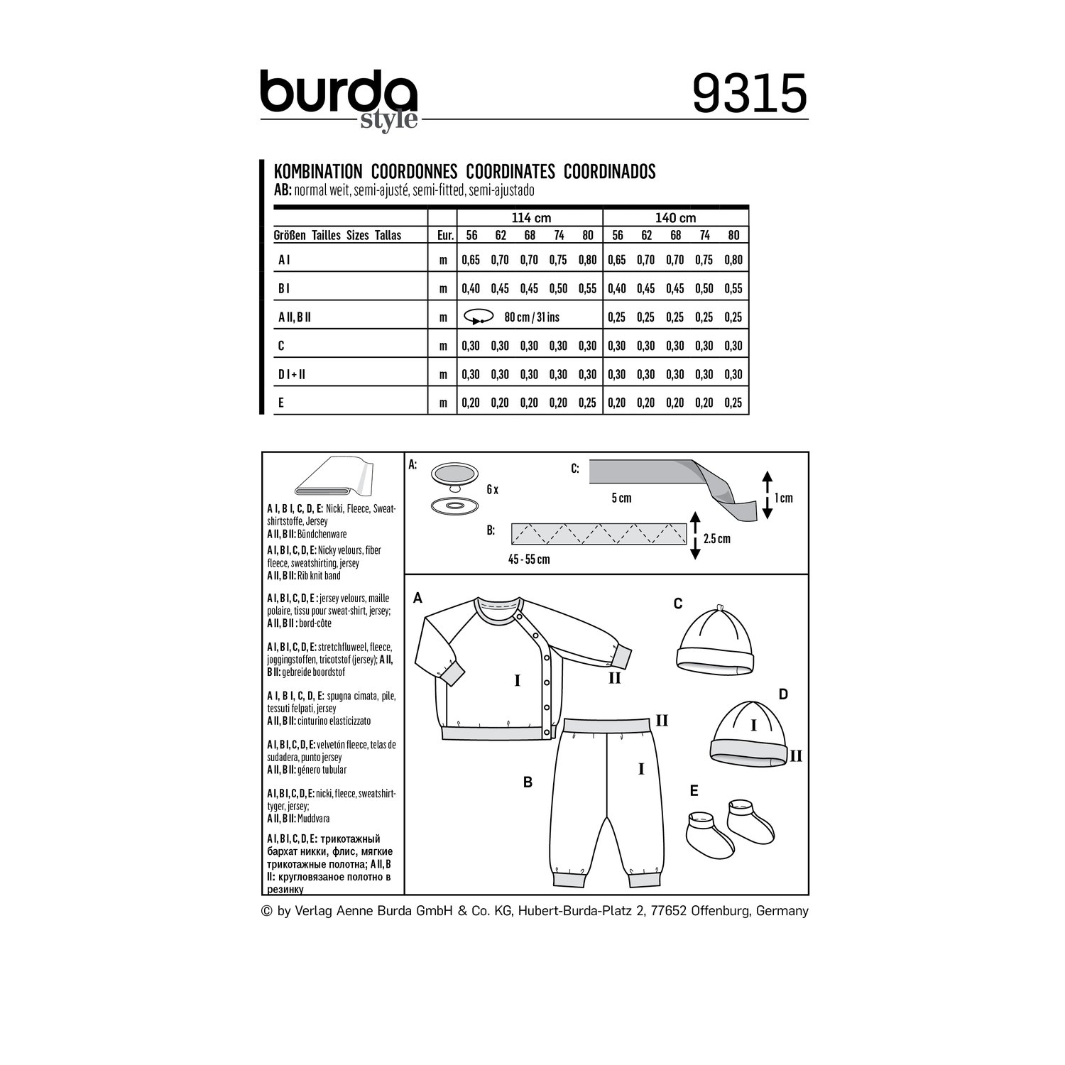 burda style Schnittmuster 9315: Babyjäckchen mit Hose und Mütze, Rückseite der Schnittmustertüte mit Stoffverbrauch