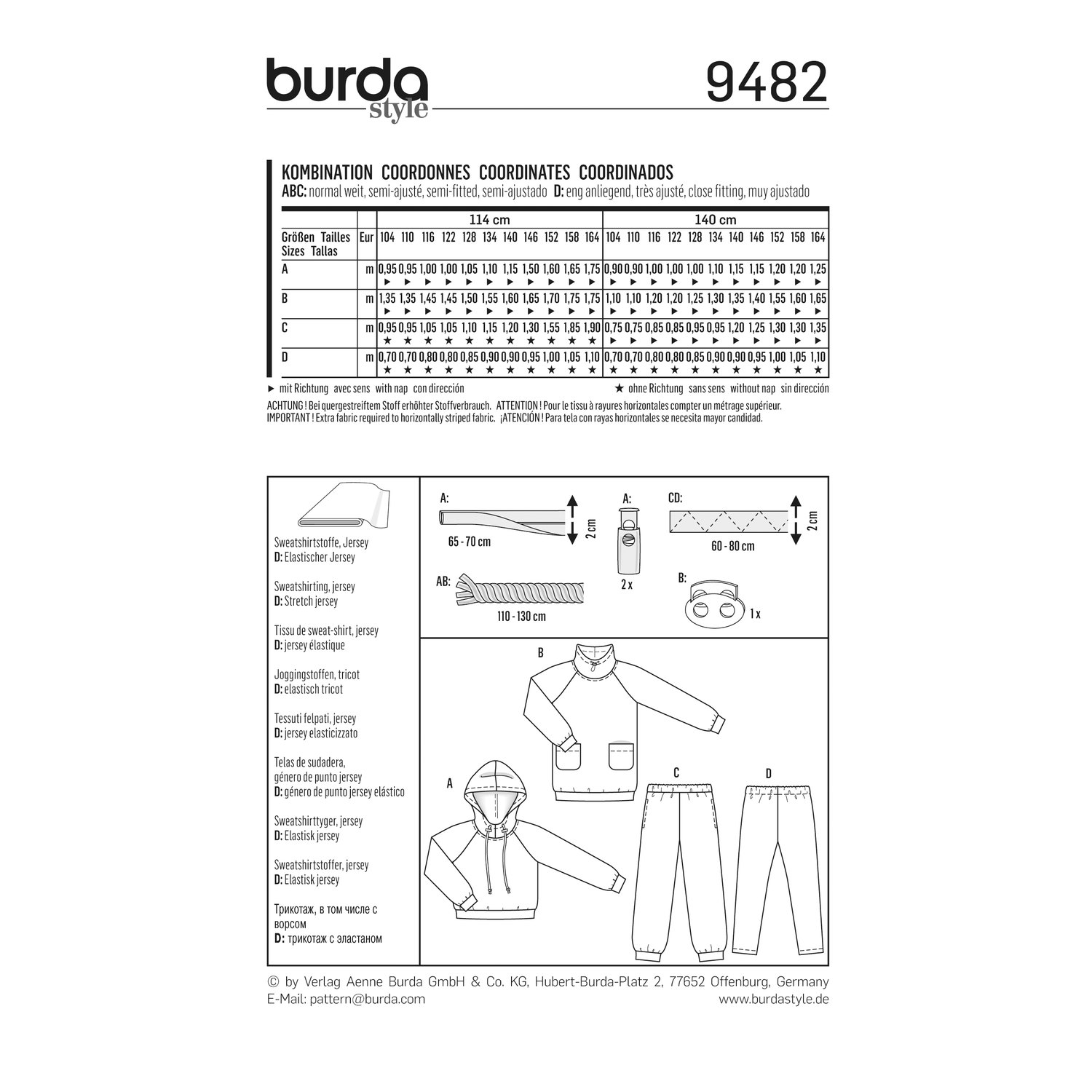 burda style Schnittmuster 9482: Kapuzenshirt, Hose und Leggings, Rückseite der Schnittmustertüte mit Stoffverbrauch