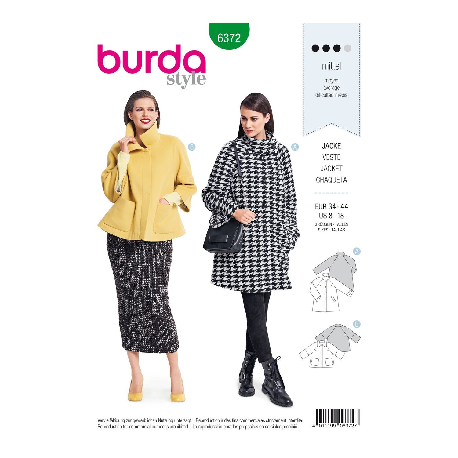 burda style Schnittmuster 6372: Kurzmantel und Jacke mit Raglanärmeln, Vorderseite der Schnittmustertüte