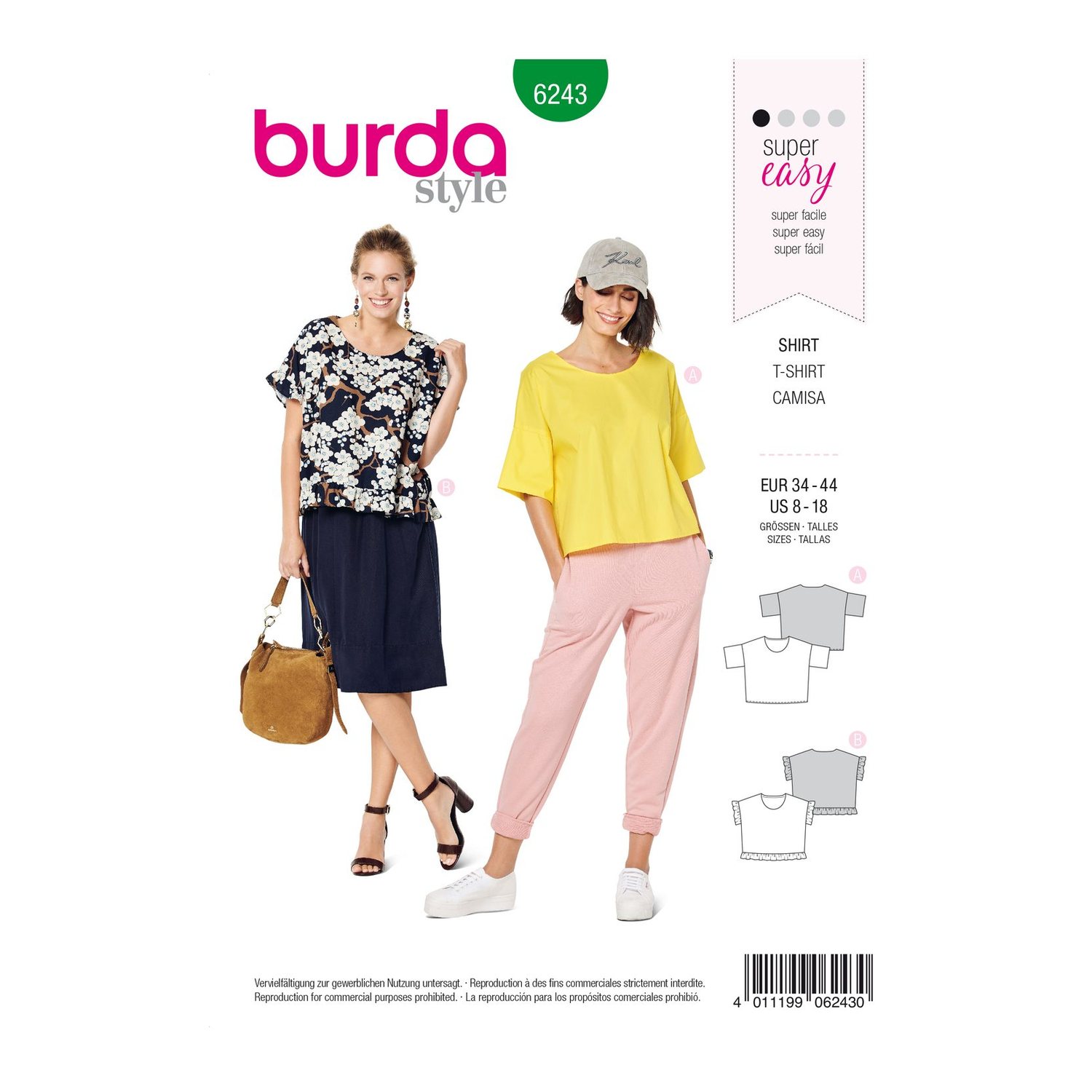 burda style Schnittmuster 6243: Weites T-Shirt mit Rüschen, Vorderseite der Schnittmustertüte