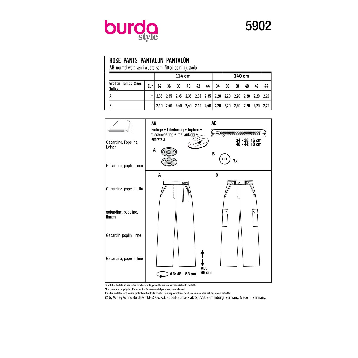 burda style Schnittmuster 5902: Gerade Hose mit Hüftpassentaschen, Rückseite der Schnittmustertüte mit Stoffverbrauch