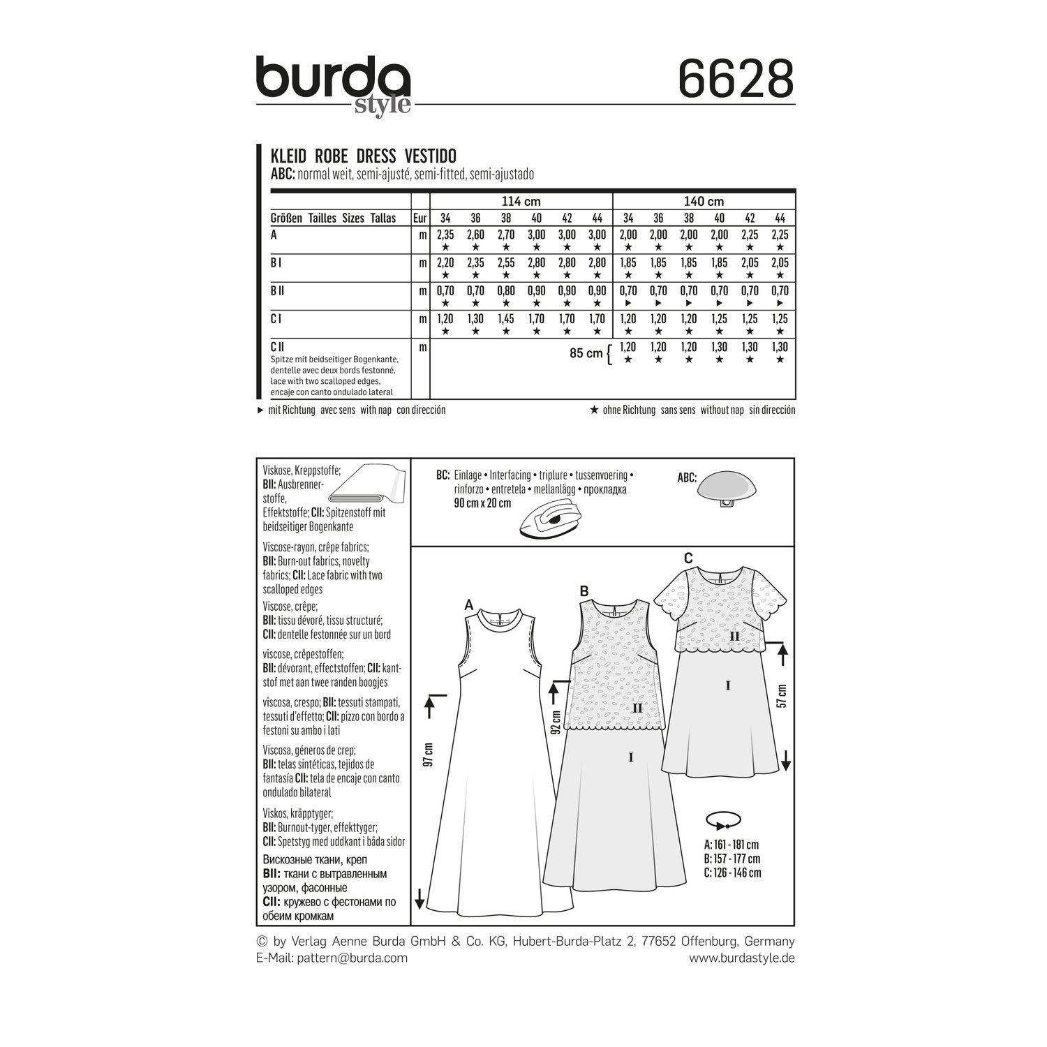 burda style Schnittmuster 6628: Kleid in drei Varianten, Rückseite der Schnittmustertüte mit Stoffverbrauch