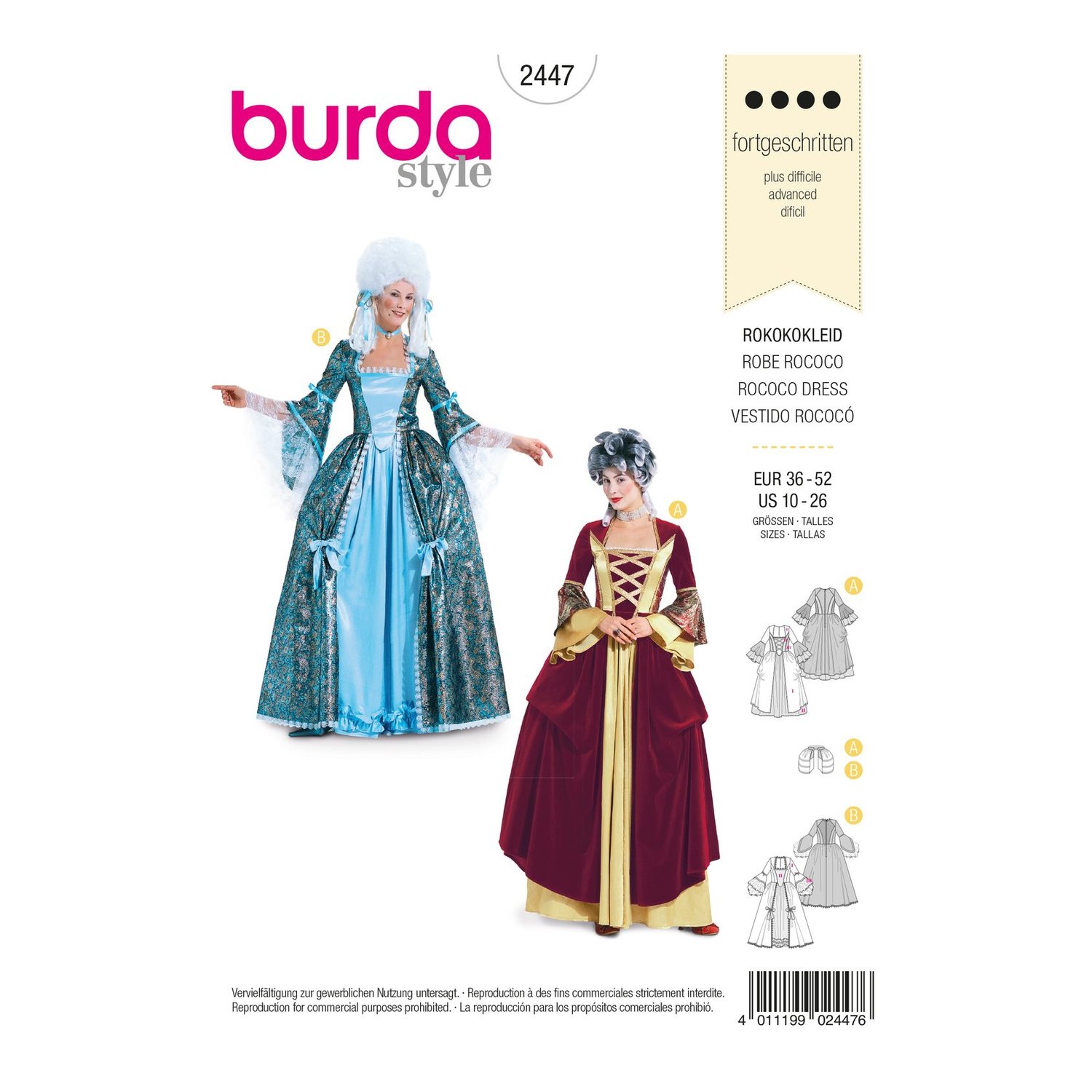 burda style Schnittmuster 2447: Kleid im Rokoko-Stil, Vorderseite der Schnittmustertüte