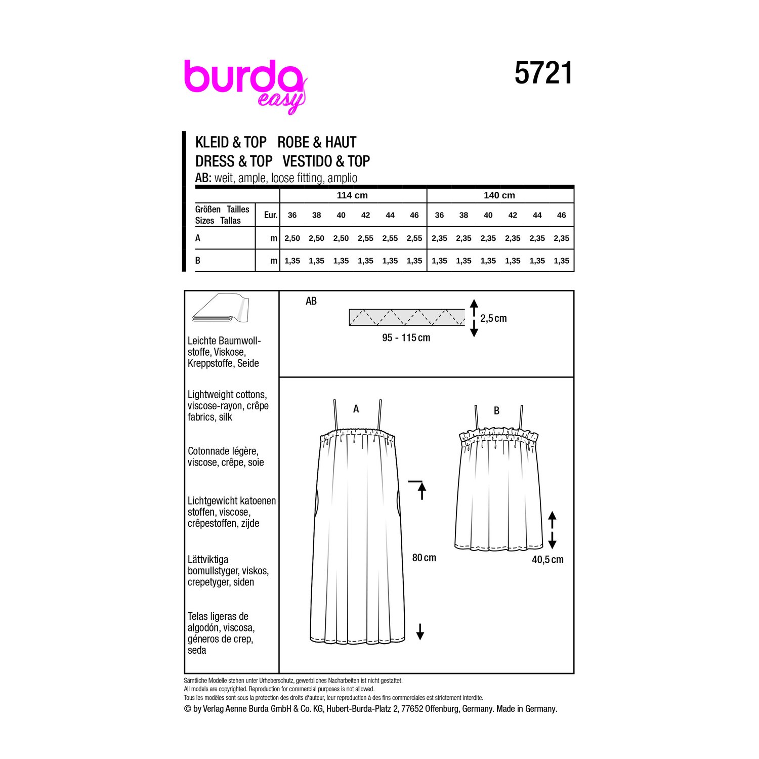 burda style Schnittmuster 5721: Trägerkleid und Top, Rückseite der Schnittmustertüte mit Stoffverbrauch