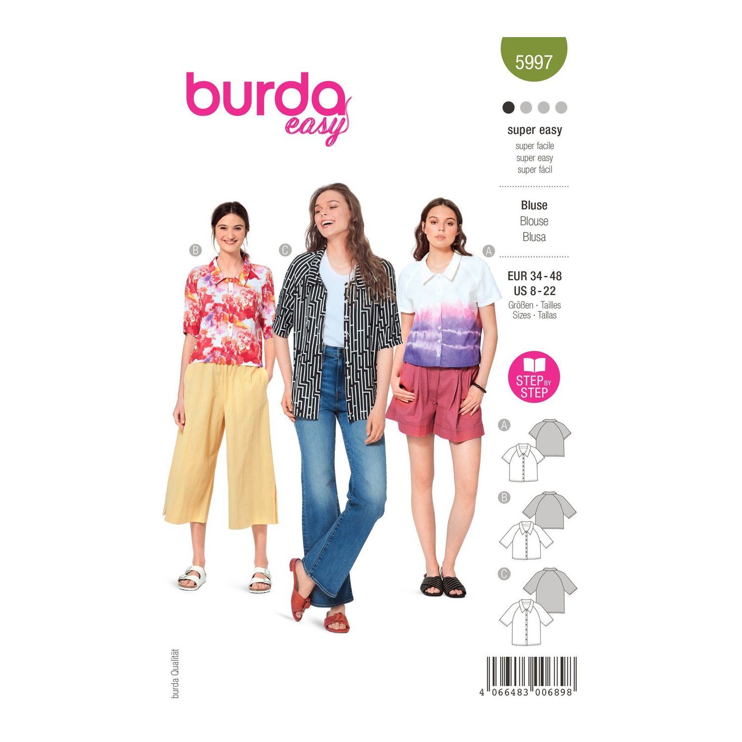 burda style Schnittmuster 5997: Bluse mit Raglanärmeln und Kragen, Modellfoto 1