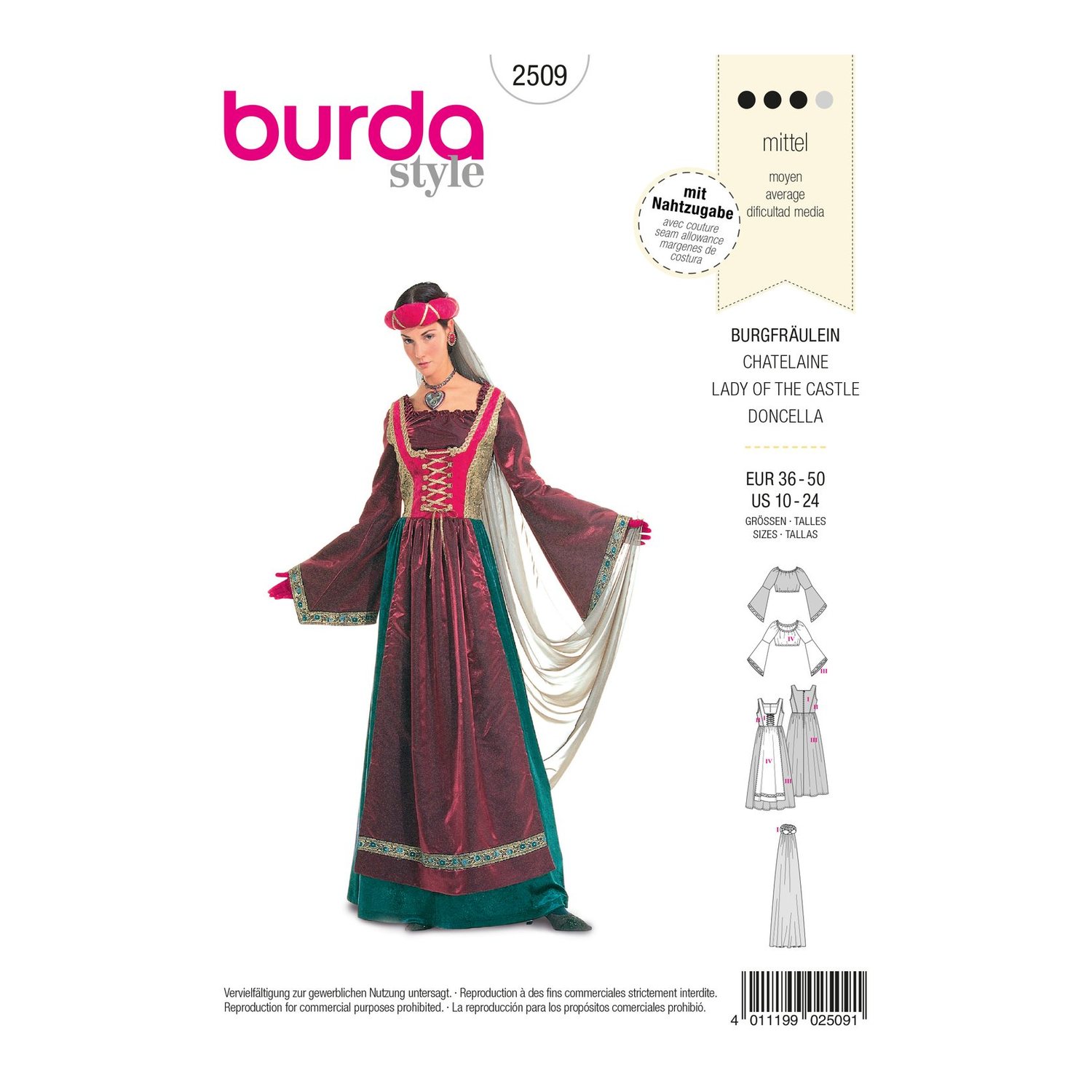 burda style Schnittmuster 2509: Burgfräulein-Kleid mit Schürze, Vorderseite der Schnittmustertüte