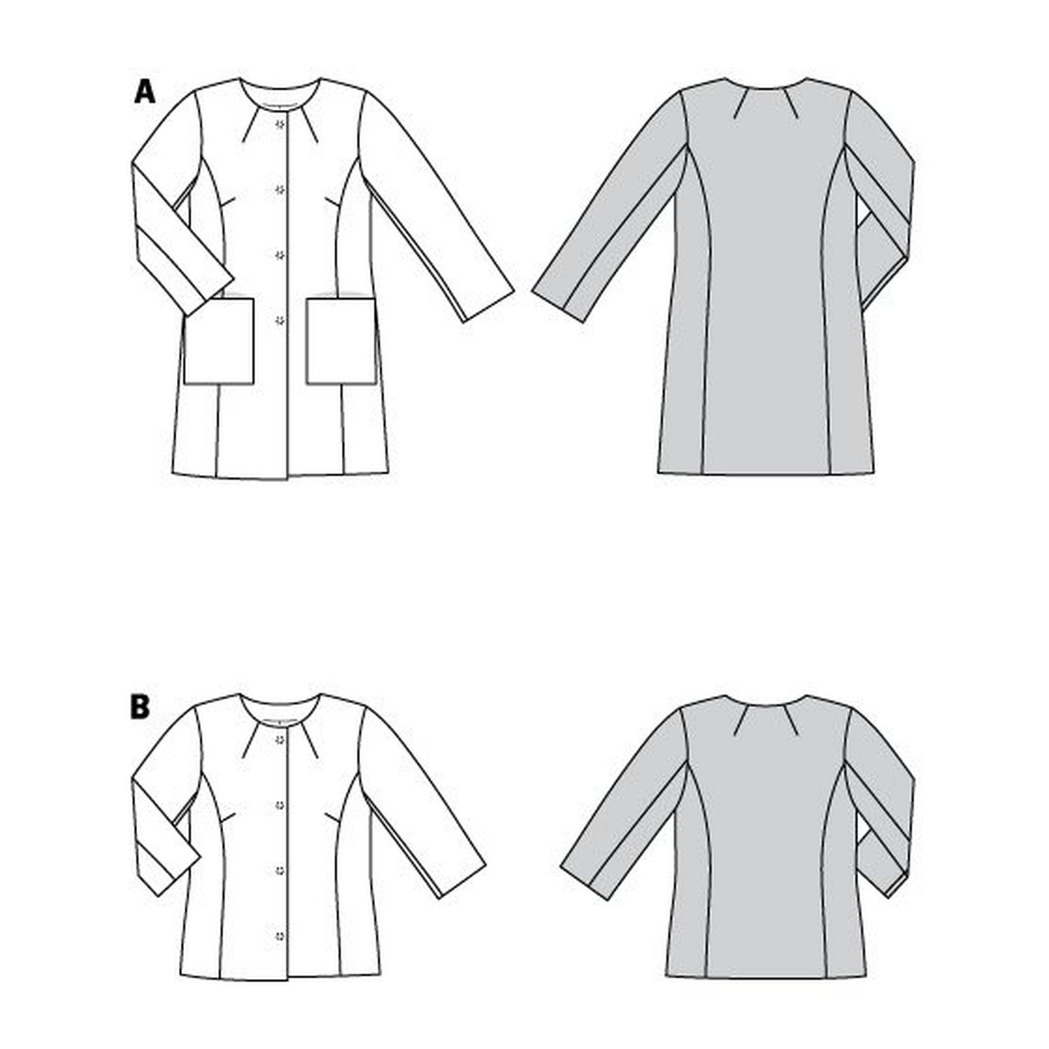 burda style Schnittmuster 6034: Kragenloser Mantel und Jacke, Technische Zeichnung