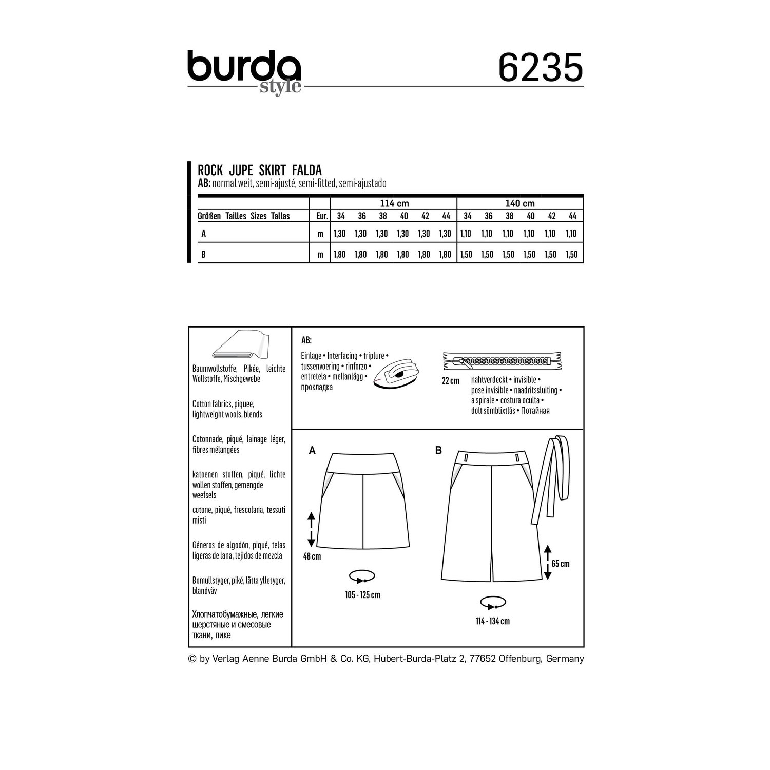 burda style Schnittmuster 6235: Rock in A-Linie, Rückseite der Schnittmustertüte mit Stoffverbrauch