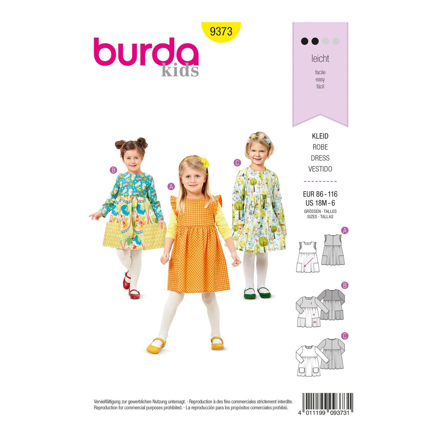 burda style Schnittmuster 9373: Kleid für Kinder, Vorderseite der Schnittmustertüte