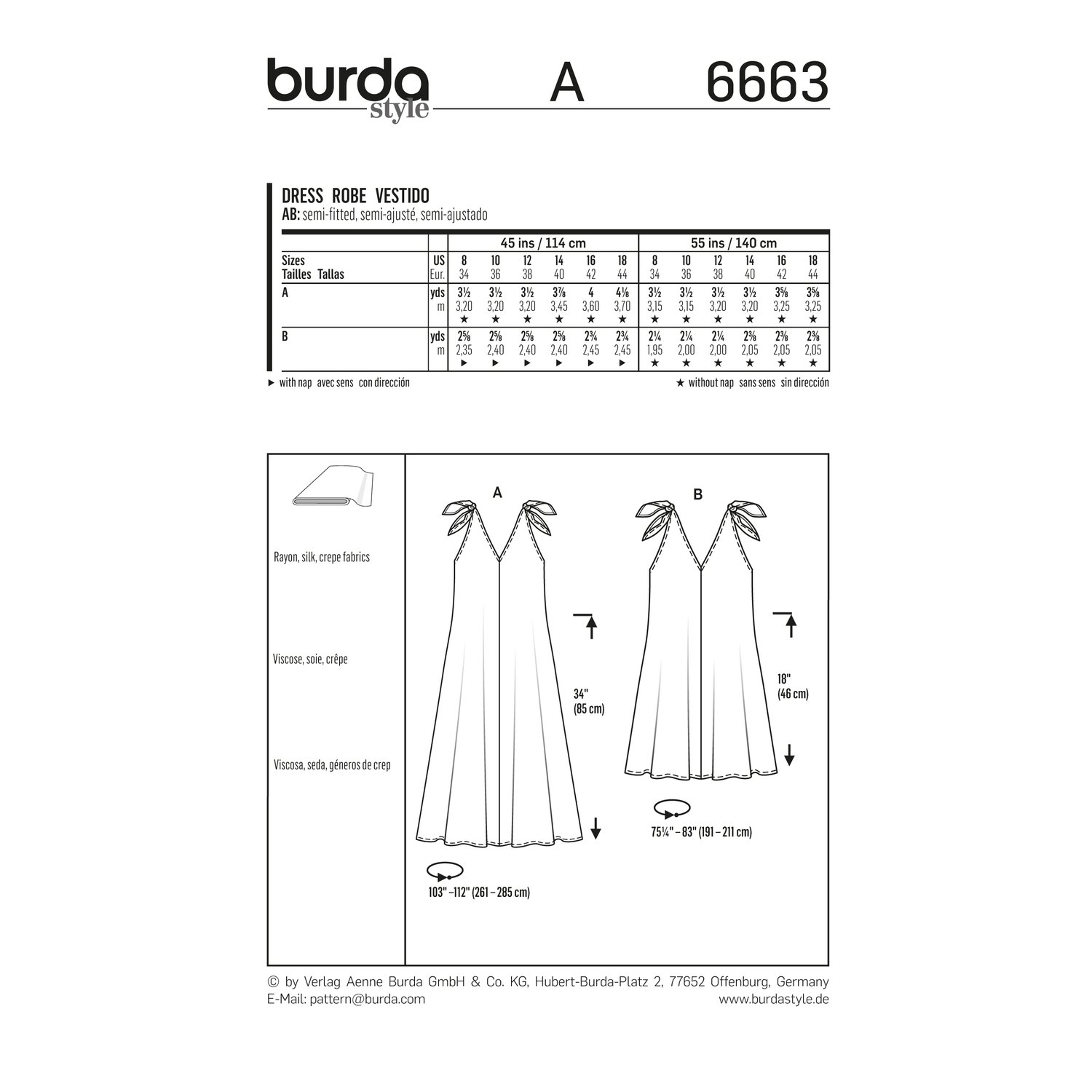 burda style Schnittmuster 6663: Trägerkleid zum Binden, Rückseite der Schnittmustertüte mit Stoffverbrauch