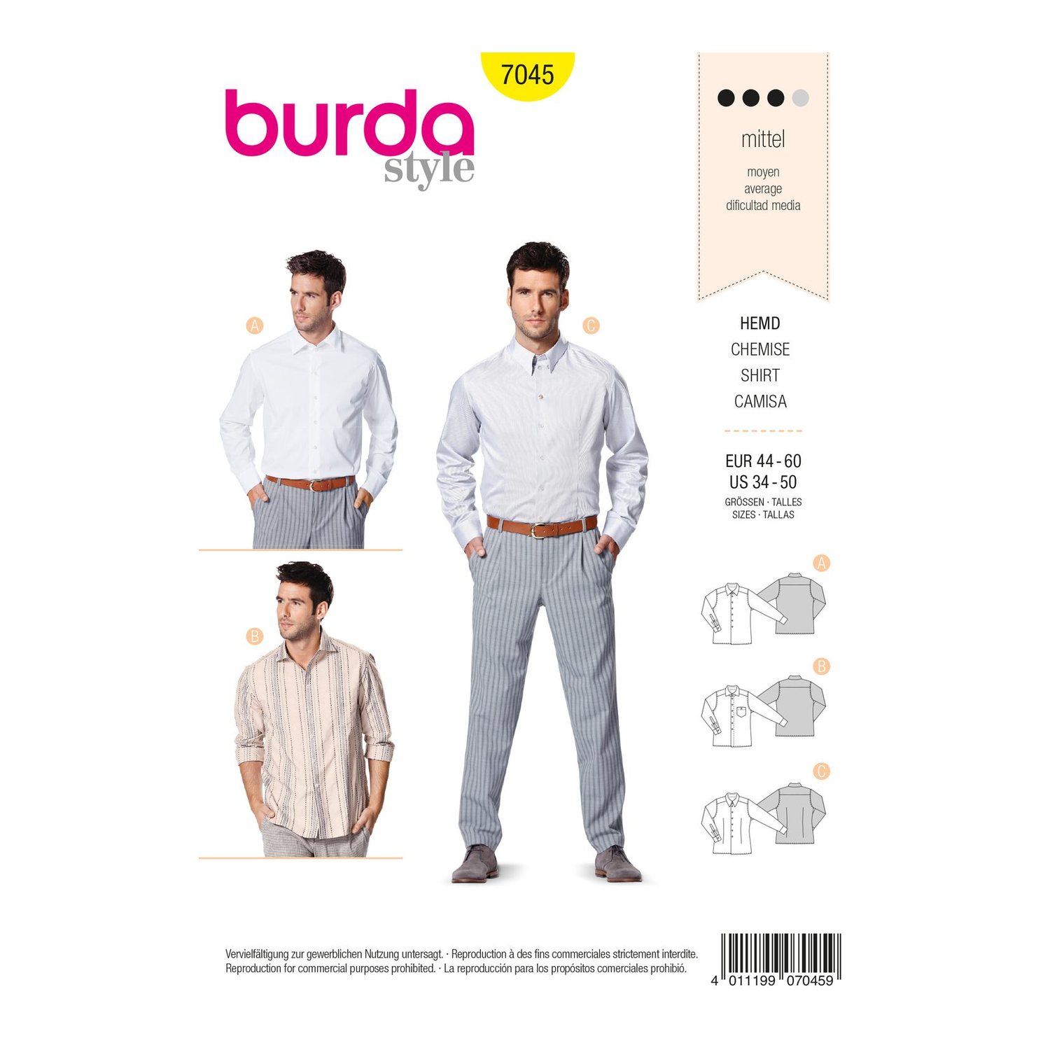 burda style Schnittmuster 7045: Herrenhemd mit drei Kragen, Vorderseite der Schnittmustertüte