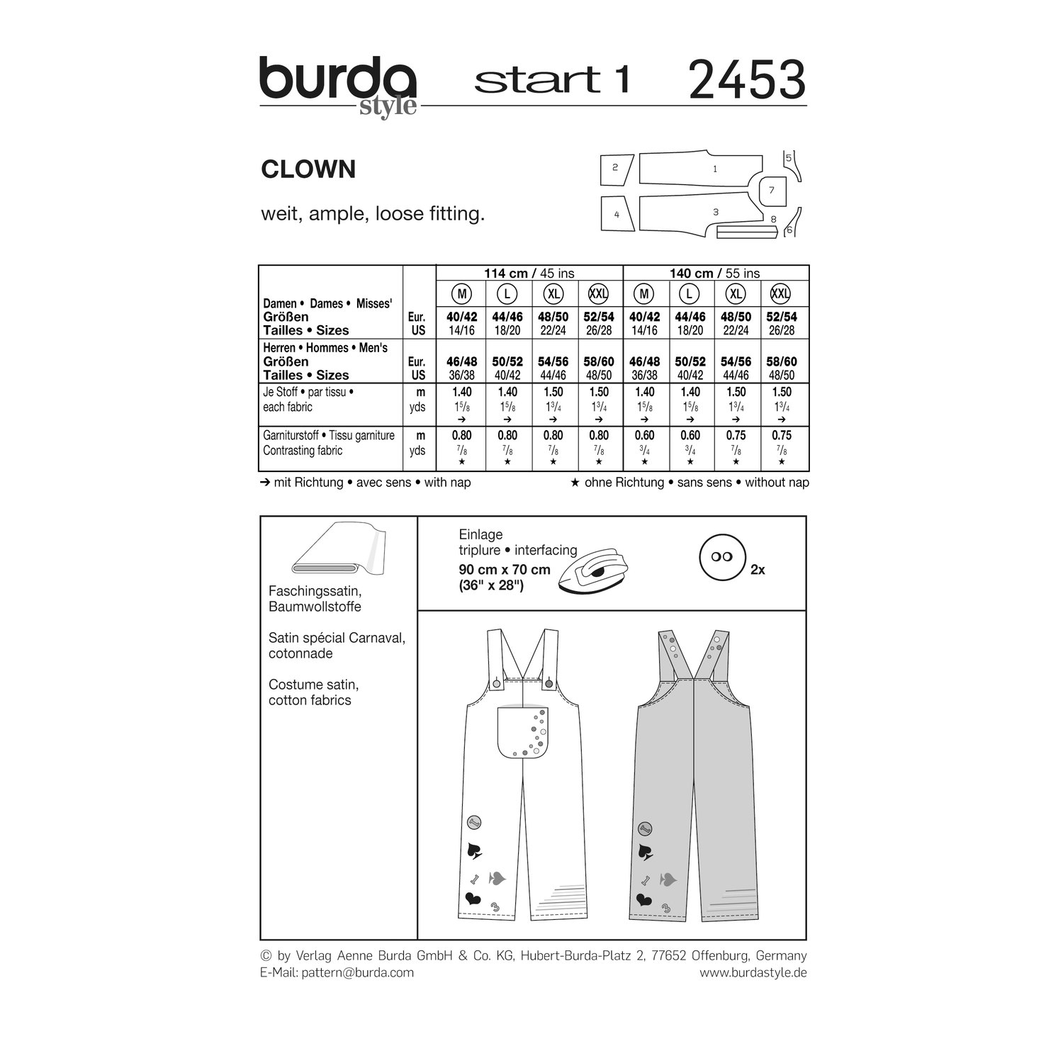 burda style Schnittmuster 2453: Clownshose mit Trägern für Erwachsene, Rückseite der Schnittmustertüte mit Stoffverbrauch