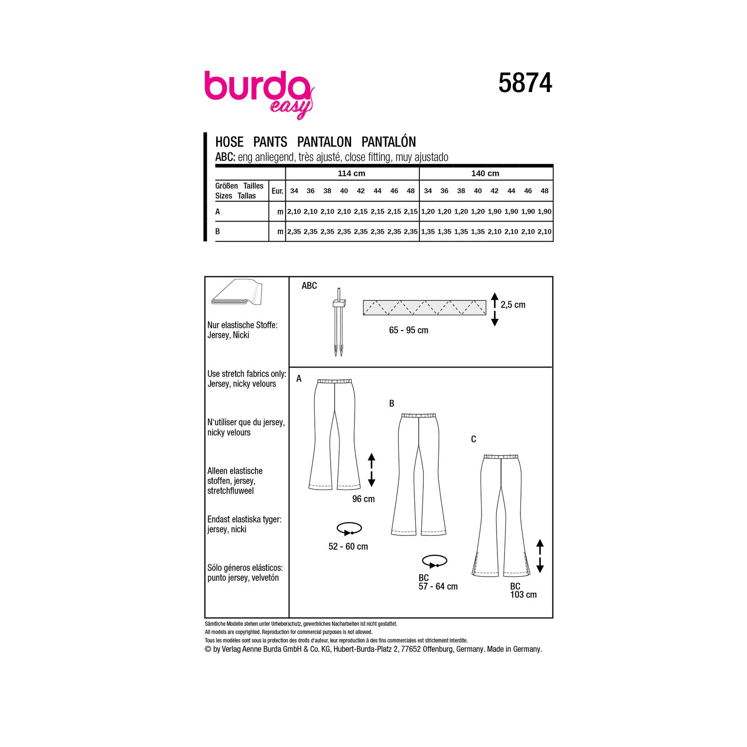 burda style Schnittmuster 5874: Schlaghose mit Gummibund, Rückseite der Schnittmustertüte mit Stoffverbrauch