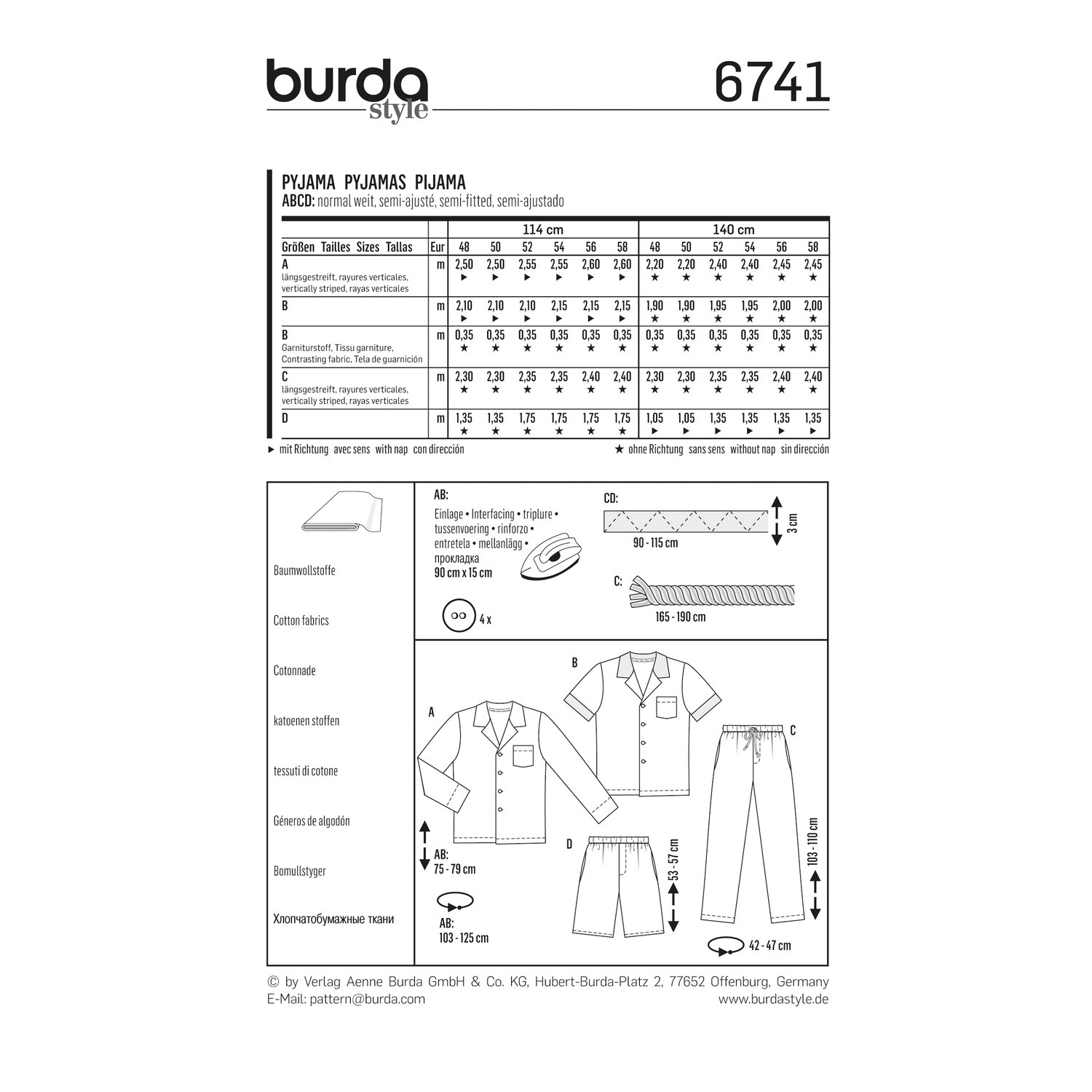 burda style Schnittmuster 6741: Klassischer Herrenpyjama, Rückseite der Schnittmustertüte mit Stoffverbrauch