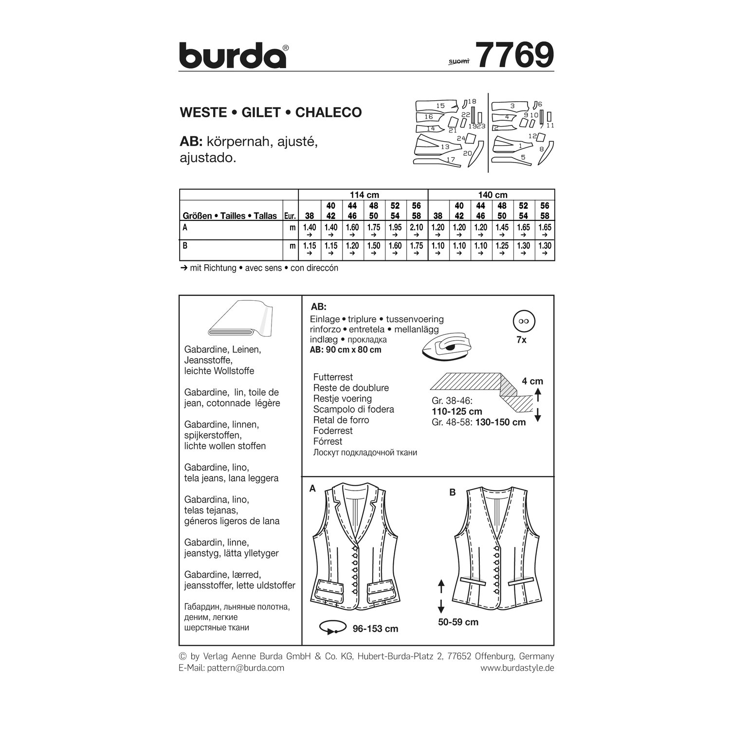 burda style Schnittmuster 7769: Weste für Damen, Rückseite der Schnittmustertüte mit Stoffverbrauch