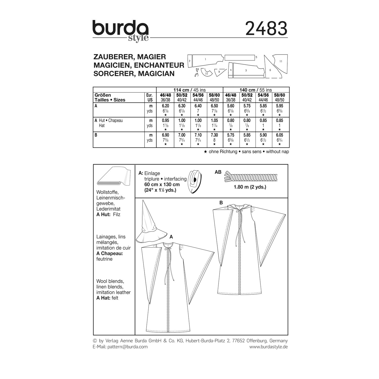burda style Schnittmuster 2483: Zauberermantel mit Hut oder Kapuze, Rückseite der Schnittmustertüte mit Stoffverbrauch