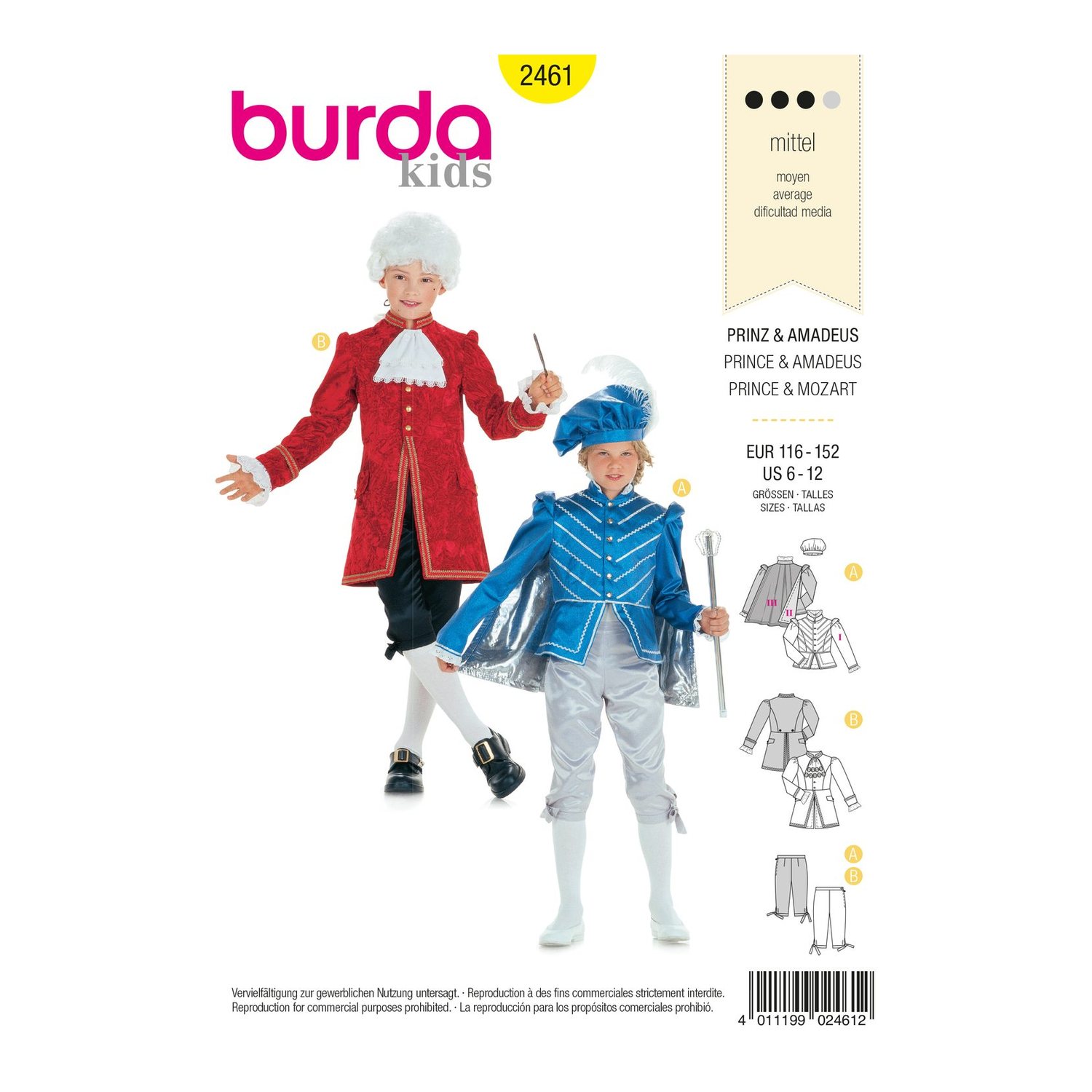 burda style Schnittmuster 2461: Kostüme Prinz und Mozart, Vorderseite der Schnittmustertüte