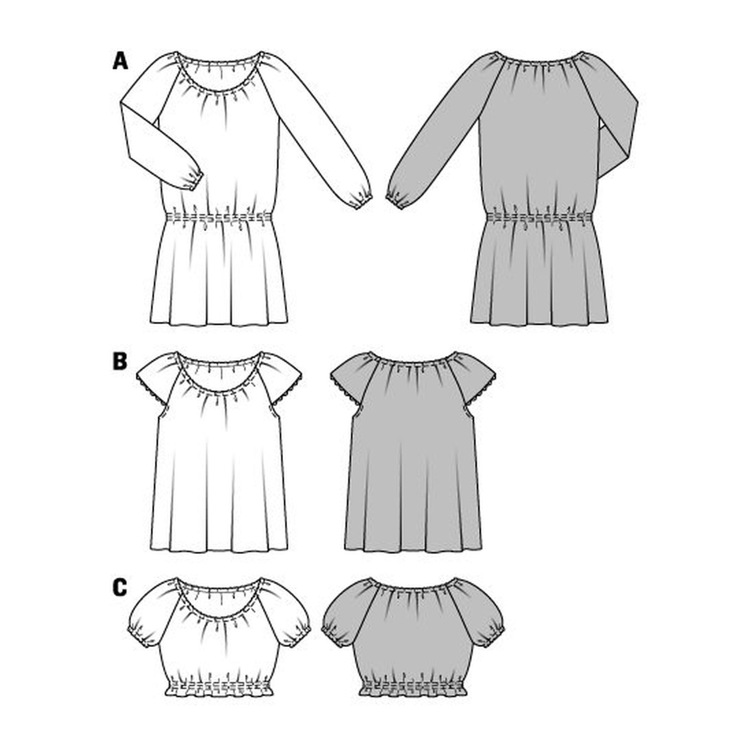 burda style Schnittmuster 6684: Kleid und Carmenbluse mit Raglanärmeln, Technische Zeichnung