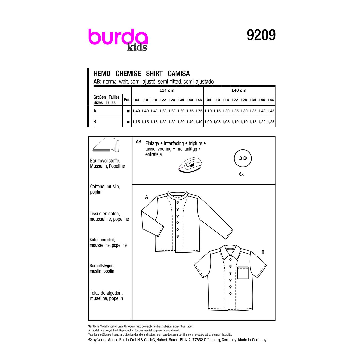 burda style Schnittmuster 9209: Kinderhemd mit Stehkragen, Rückseite der Schnittmustertüte mit Stoffverbrauch