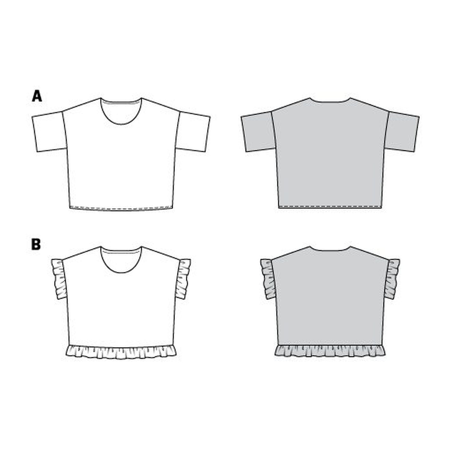 burda style Schnittmuster 6243: Weites T-Shirt mit Rüschen, Technische Zeichnung
