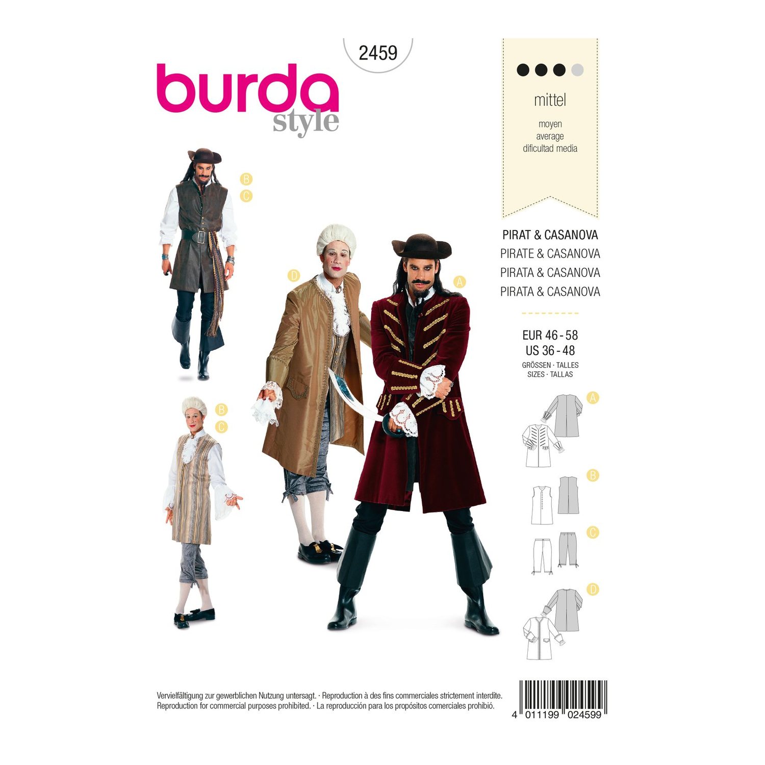 burda style Schnittmuster 2459: Herrenkostüme Pirat und Casanova, Vorderseite der Schnittmustertüte