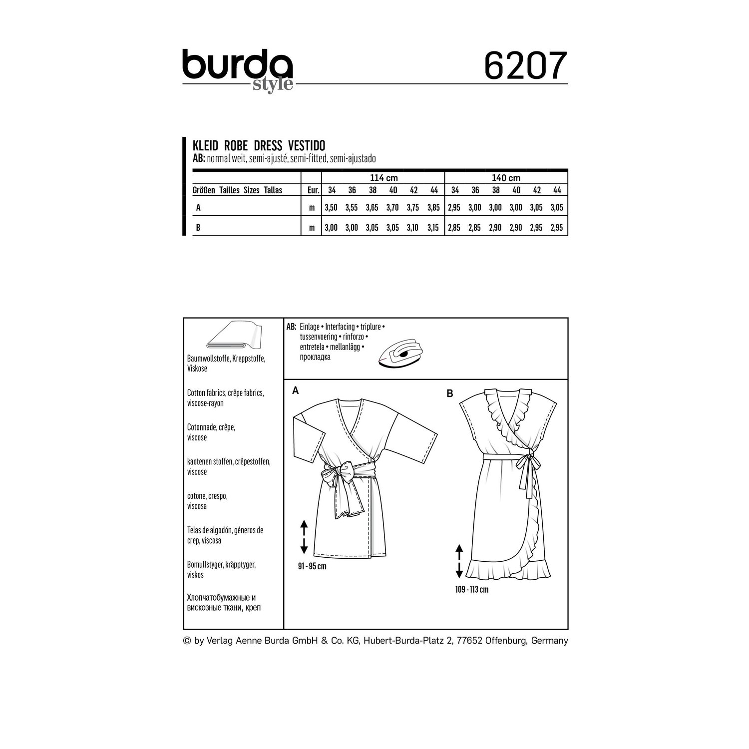 burda style Schnittmuster 6207: Wickelkleid mit Volants, Rückseite der Schnittmustertüte mit Stoffverbrauch