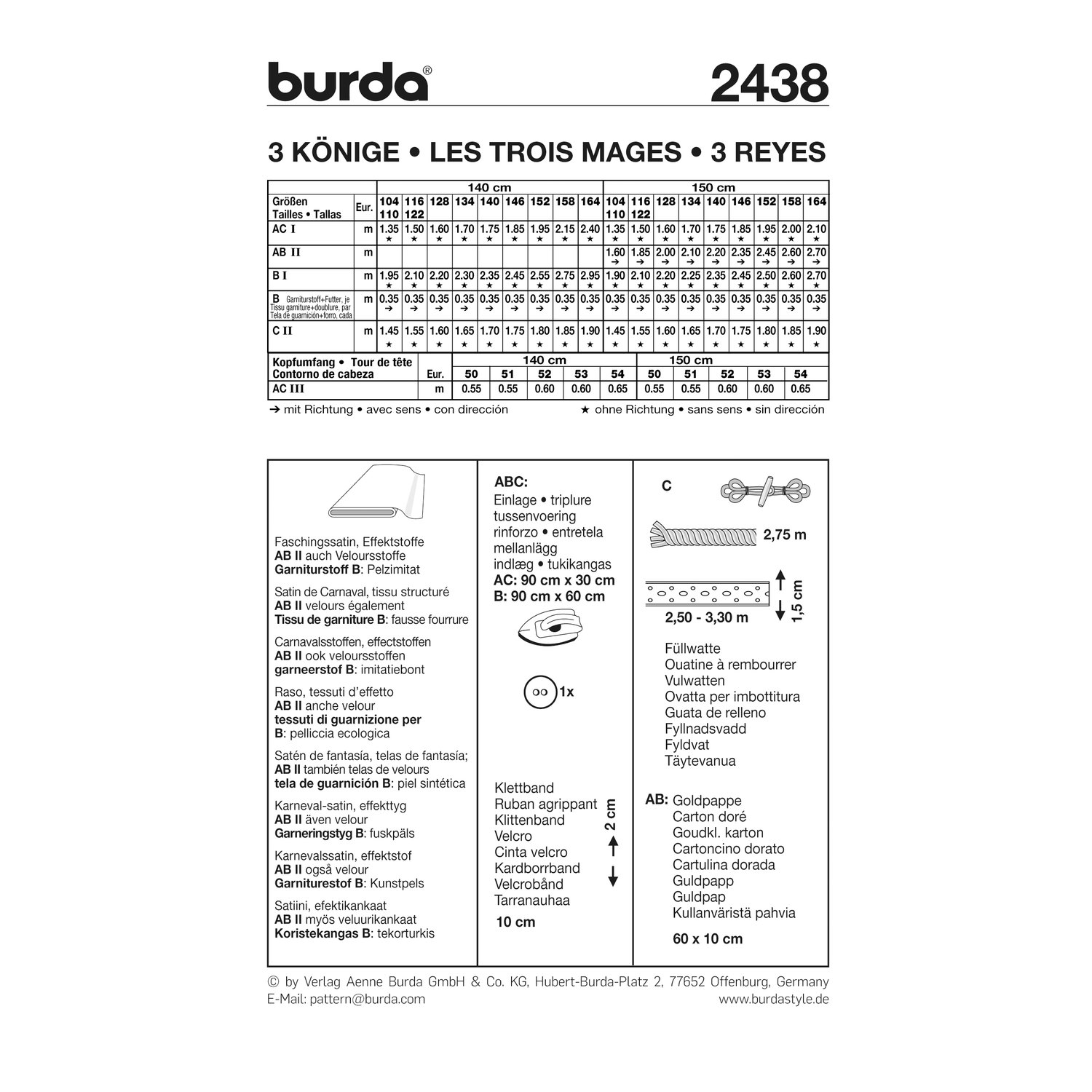 burda style Schnittmuster 2438: Kostüm für Sternsinger, Rückseite der Schnittmustertüte mit Stoffverbrauch