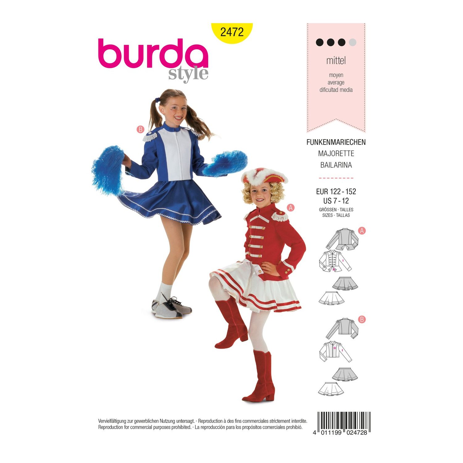 burda style Schnittmuster 2472: Kostüm für Funkenmariechen, Vorderseite der Schnittmustertüte