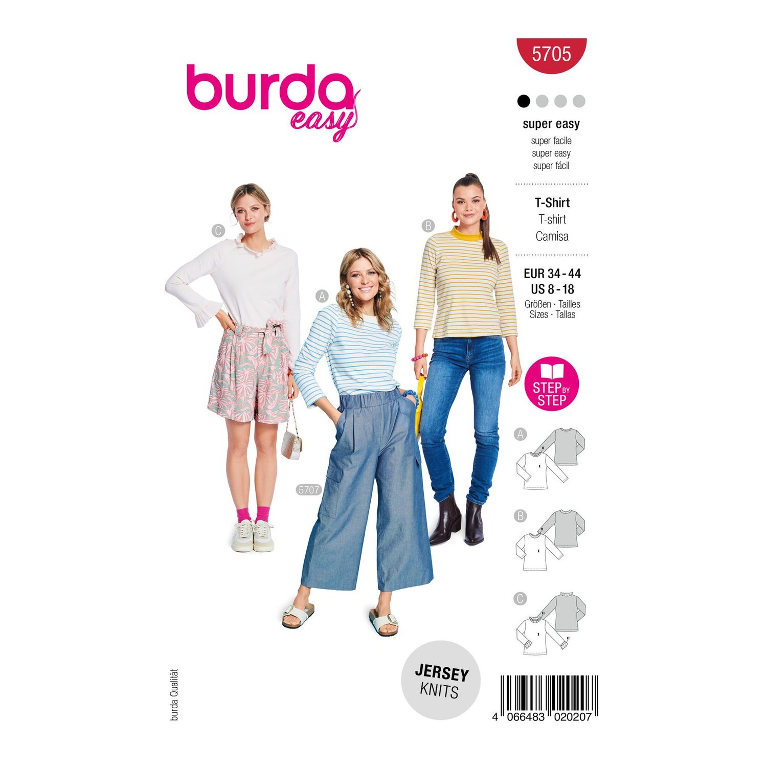 burda style Schnittmuster 5705: Jersey-Shirts mit Kragen und Rüschen, Modellfoto 1
